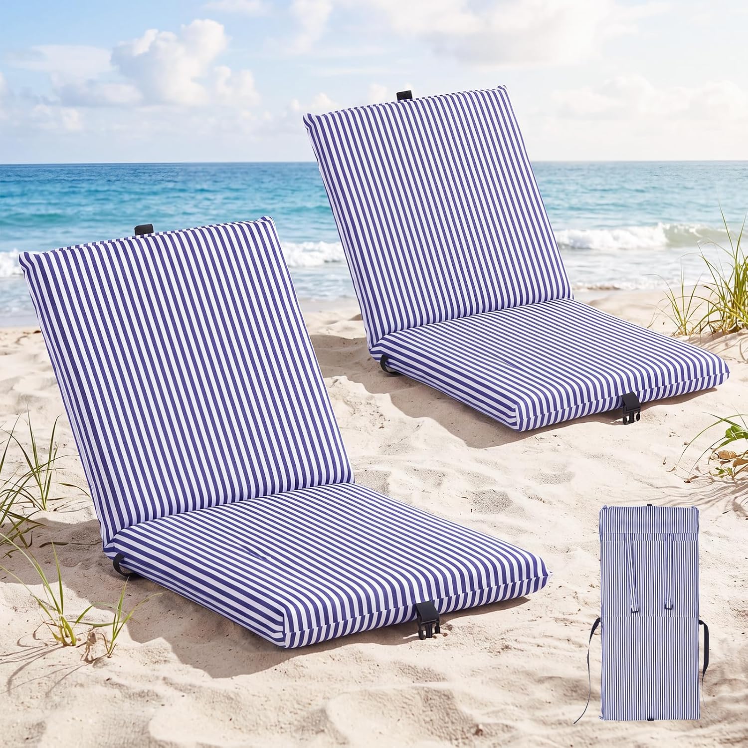 2‑Pack Foldable Beach Floor Chair, Low Navy Stripe Pool Seat with Back Support, Carry Strap & Thick 600D Oxford Cushion for Camping Picnic Stadium Lawn
