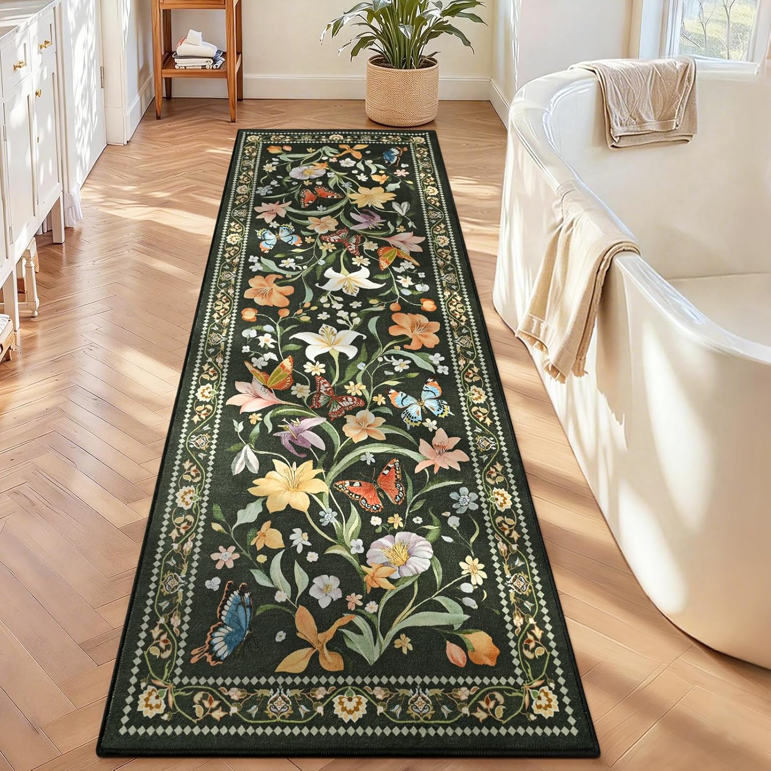 2x10 Runner Rug for Hallways Non Slip, Washable Kitchen Rugs with Rubber Backing, Vintage Floral Carpet Runner for Entryway, Kitchen, Laundry, Bedroom, Bathroom