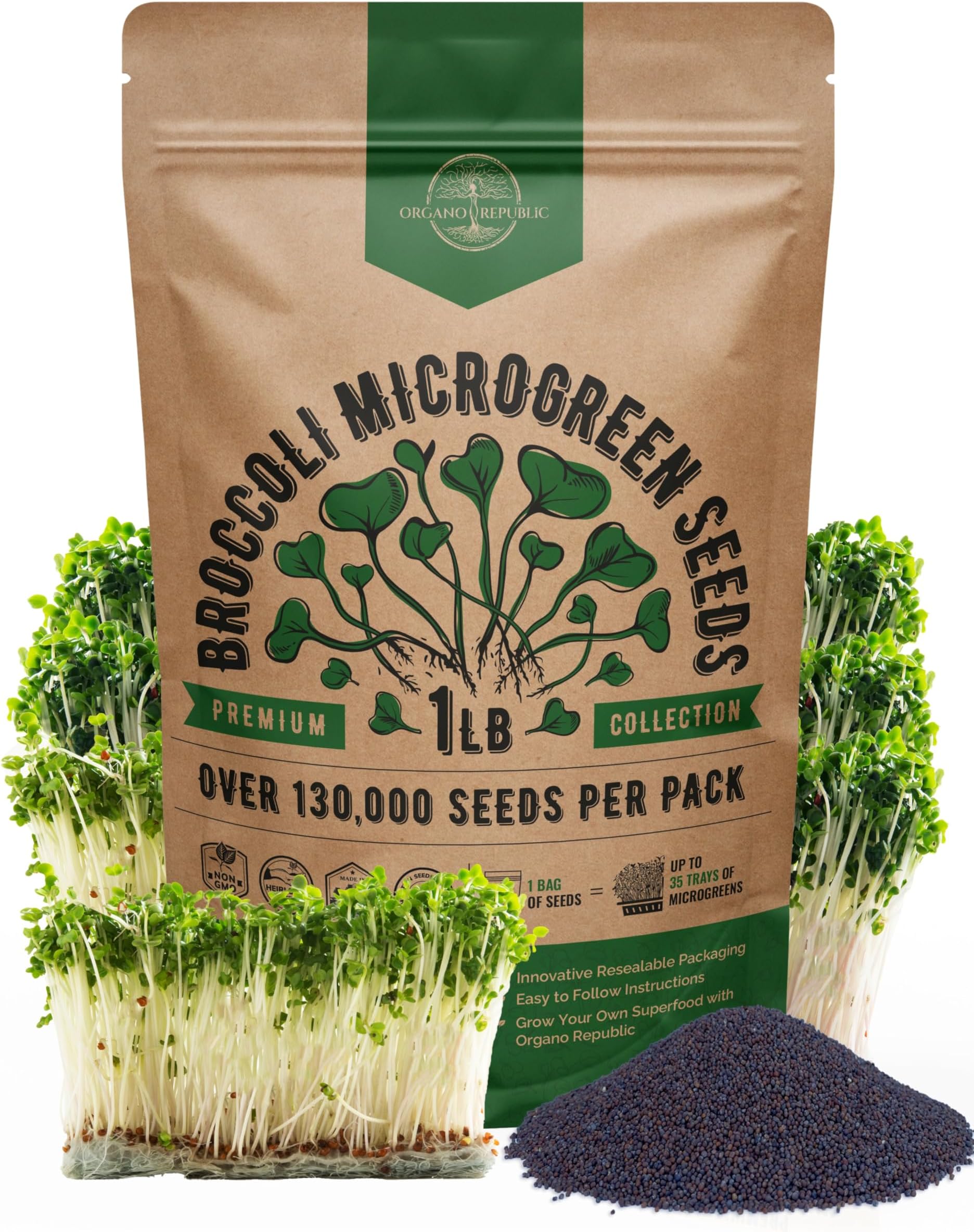 Organo Republic Broccoli Sprouting & Microgreens Seeds - Non-GMO, Heirloom Sprout Seeds Kit, 1lb Resealable Bag for & Growing Microgreens in Soil, Coconut Coir, Aerogarden & Hydroponic