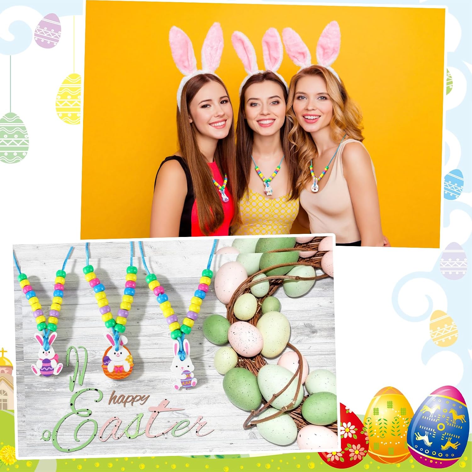 Ecally 24 Sets Easter Crafts Bunny Beaded Necklaces Crafts Kit DIY Make Your Own Rabbit Necklaces for Easter Art Activity Project Party Favors Supplies Spring Decoration