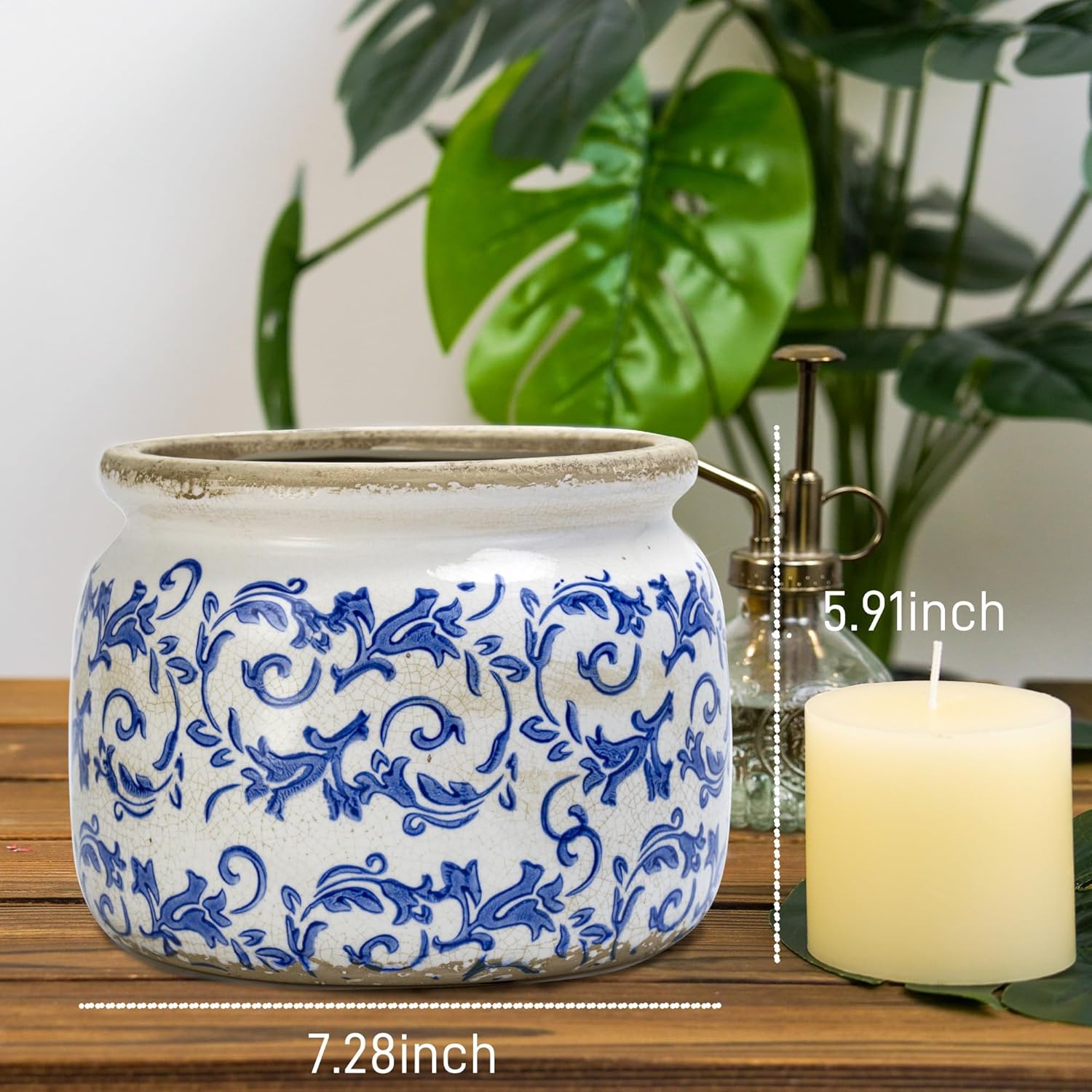 Dosayes Large Ceramic Pot for Planters, Ice Crack Glazed Flower Pot with Drainage Holes,5.91inch Vintage Planters for Indoor and Outdoor (Blue)