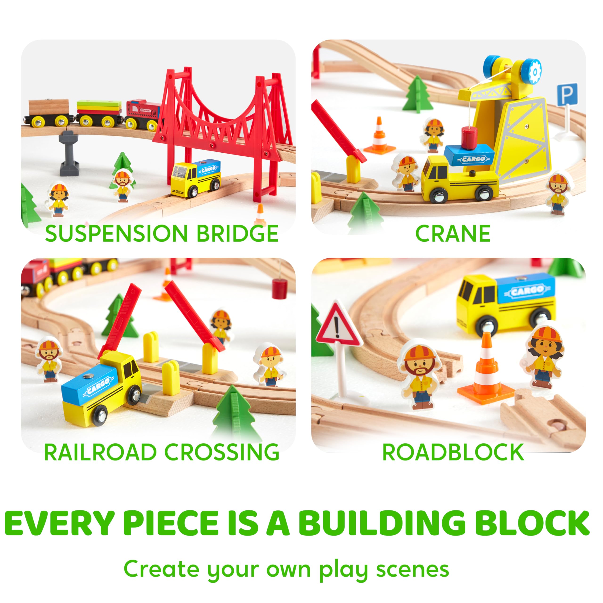 SYNCFUN 60 pezzi Montessori Set di Treni in Legno Giocattolo per Bambini 3 4 5 6, Pista Macchinine, Ferrovia Ingegneristica con Gru Magnetica, Treni e Accessori, Regalo per Bambini e Bambine