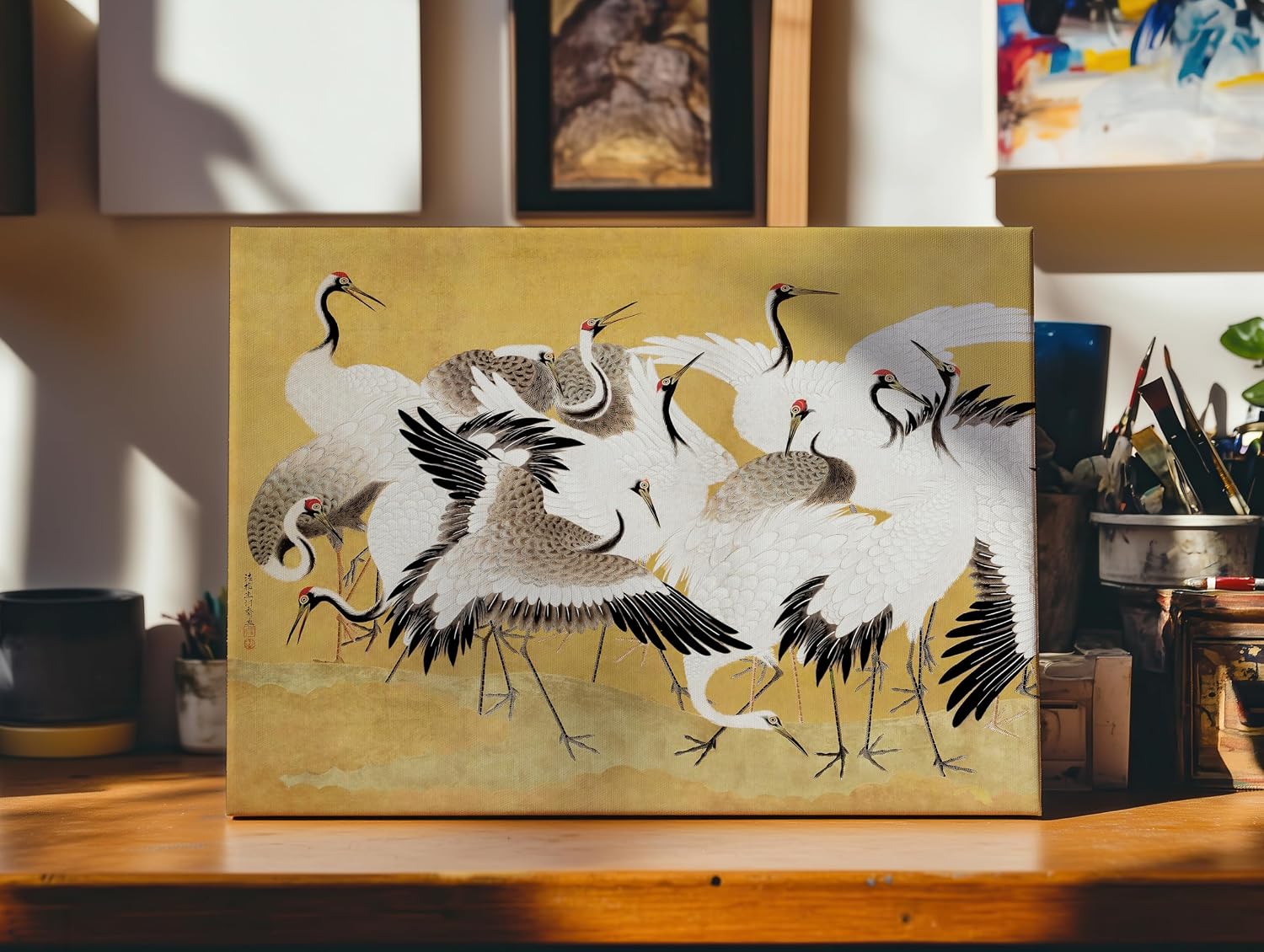 Poster Master Flock of Cranes Canvas - Retro Japanese Print - Bird Art - Great Gift for Bird Watcher, Animal Lover - Chic Decor for Home, Office, Living Room - 8x10 STRETCHED Canvas