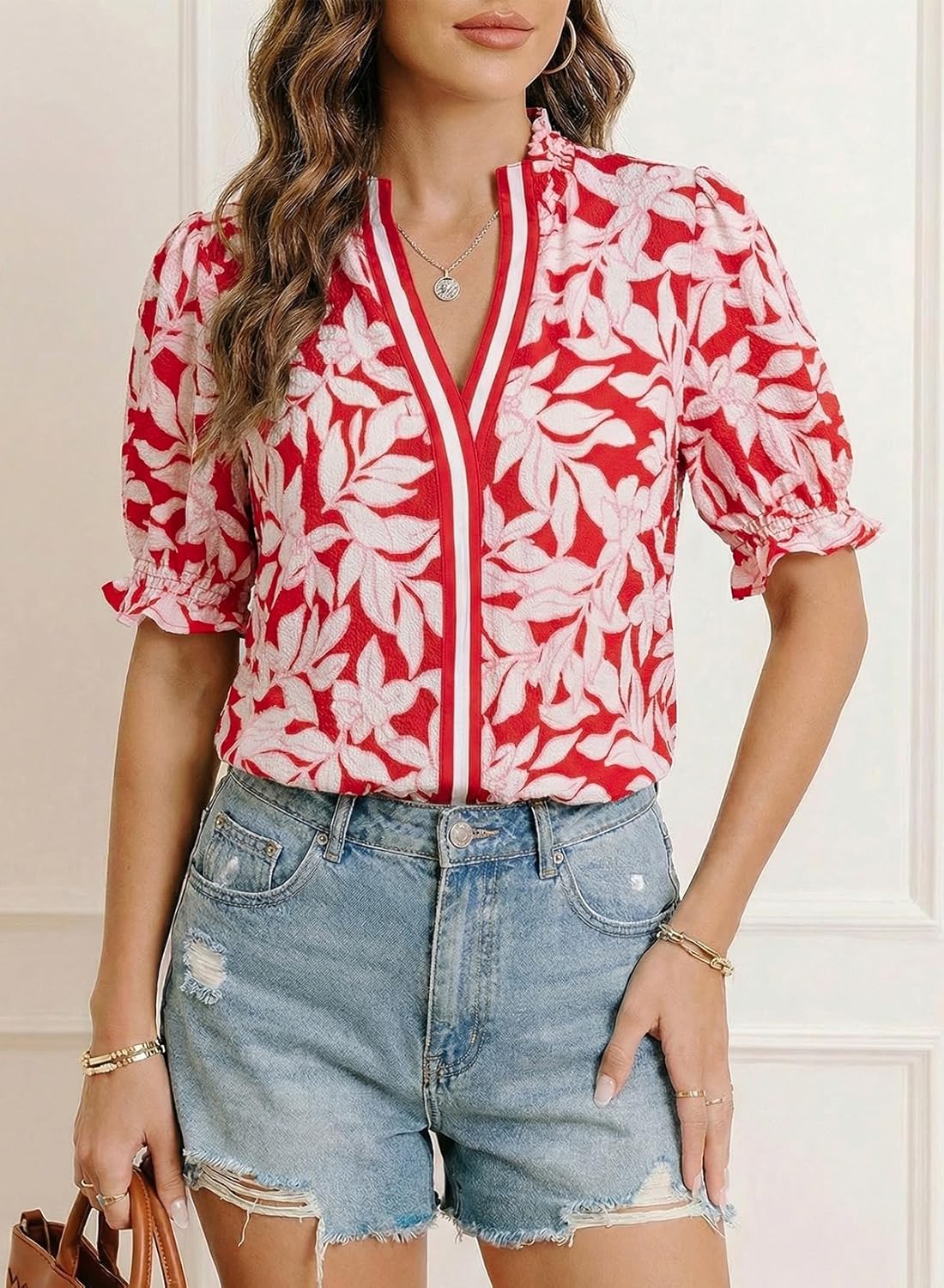 Dokotoo Women's Summer Boho Floral Ruffle Shirt Puff Short Sleeve V Neck Casual Trendy Cute Blouse Tops - Image 2