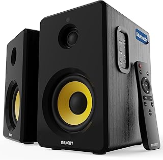 MAJORITY Active Bookshelf Speakers | Bluetooth HiFi Speakers with 70 Watts, Kevlar Yellow Speaker Cone, Amplified 2.0 Channel Sound | Remote Control Included, Optical, RCA, USB & Aux Playback D40X…