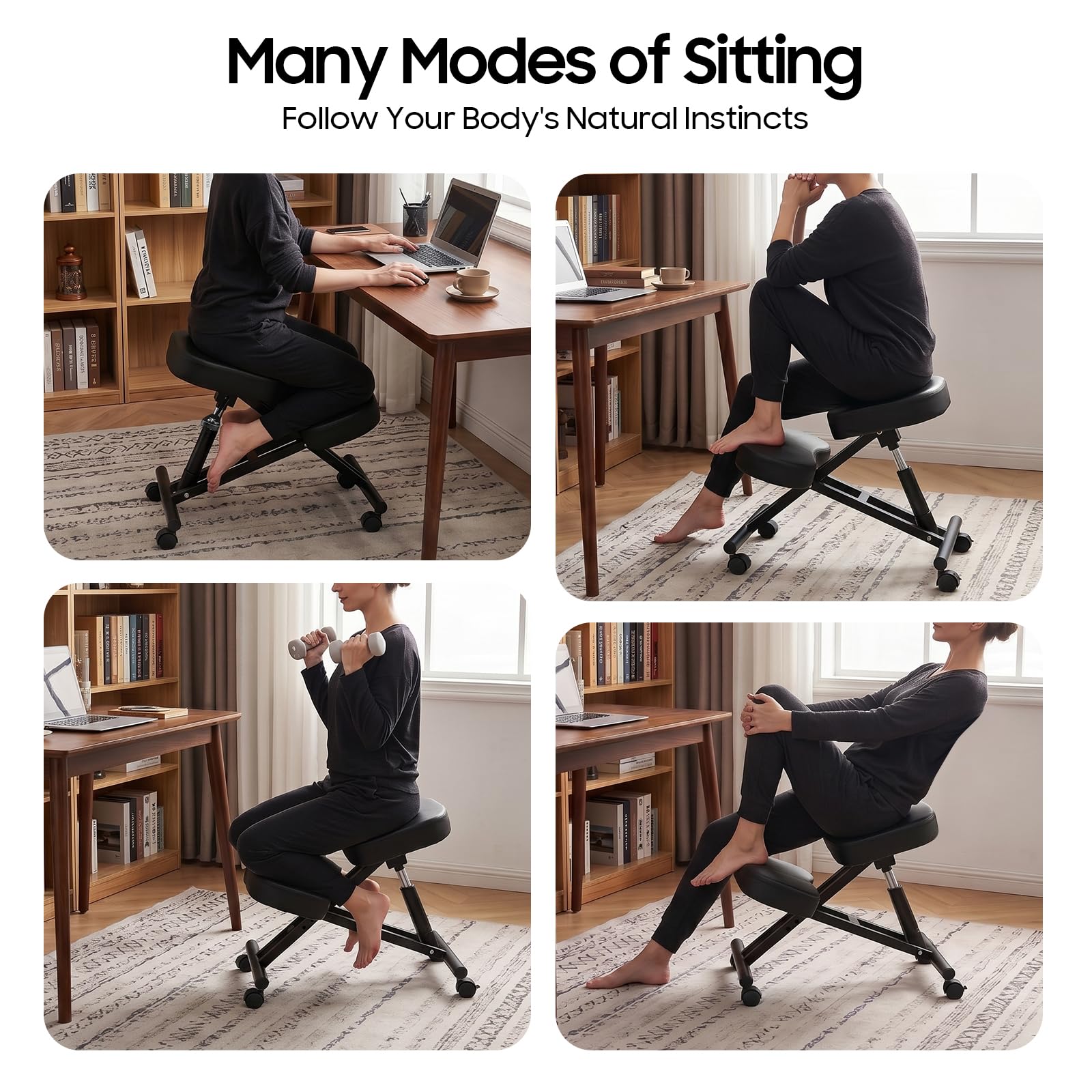 Silla de rodilla ergonómica ajustable para oficina, estructura de metal + silla de oficina de piel, asiento con reposamuñecas, dolor de espalda, aliviar el dolor de cuello y mejorar la postura