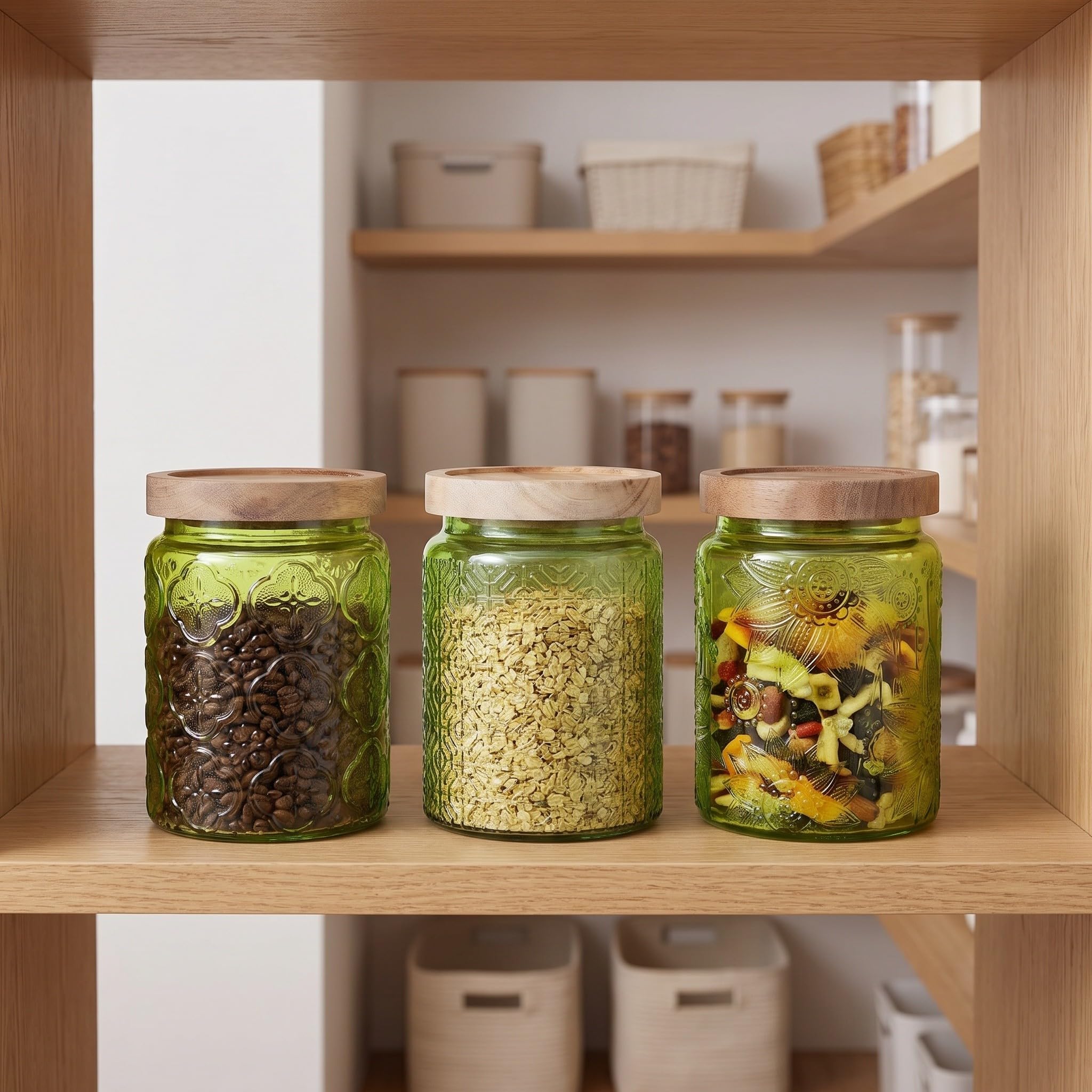 OUNONA 3 tarros de vidrio para almacenar alimentos con tapas de madera,