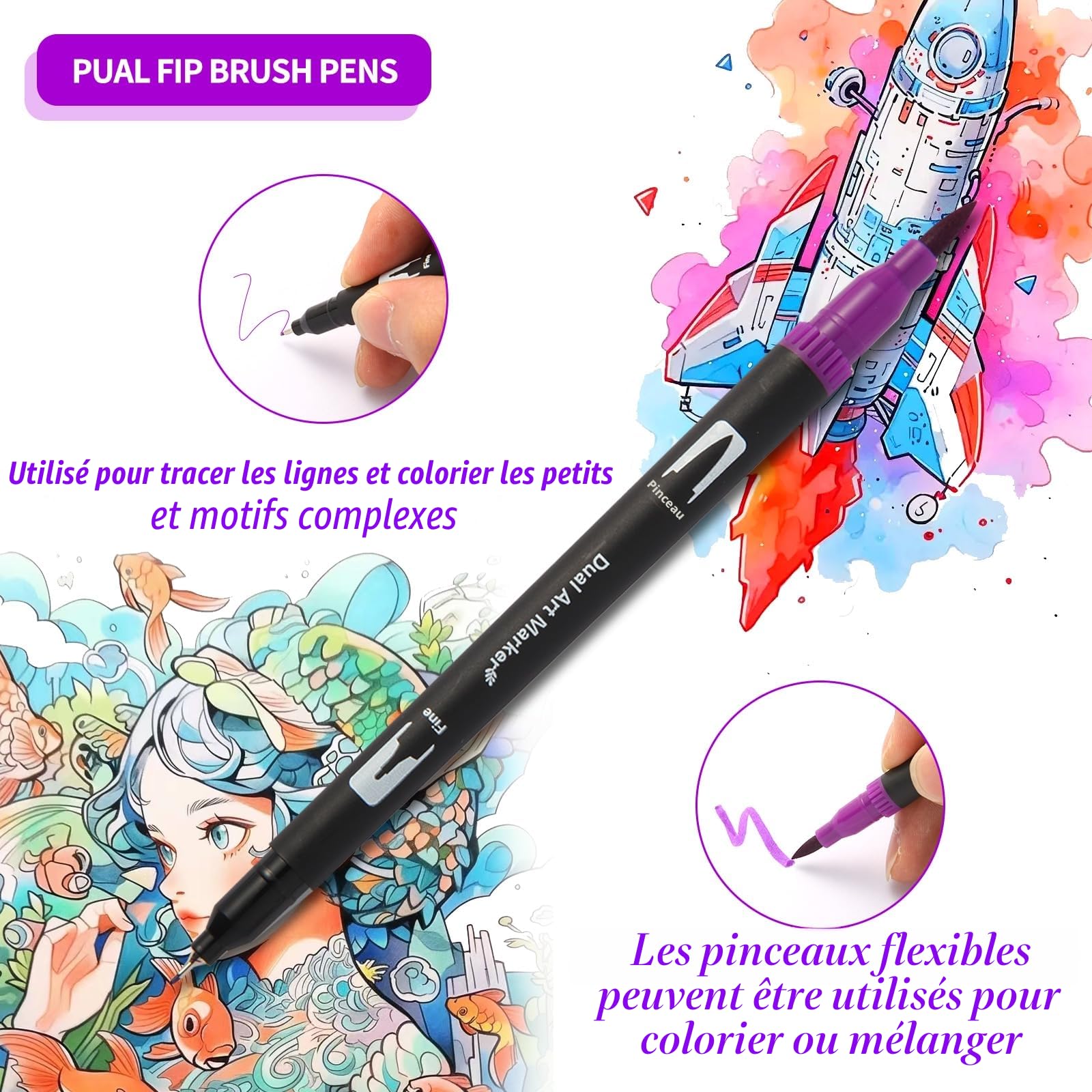 SELBATON 24 couleurs Marqueurs Double Pointe Fine Grosse, Pointe Fine 0,4 mm et 1-2 mm Pointe Pinceau, Marqueurs Journal, Coloriage et Dessiner,Croquis