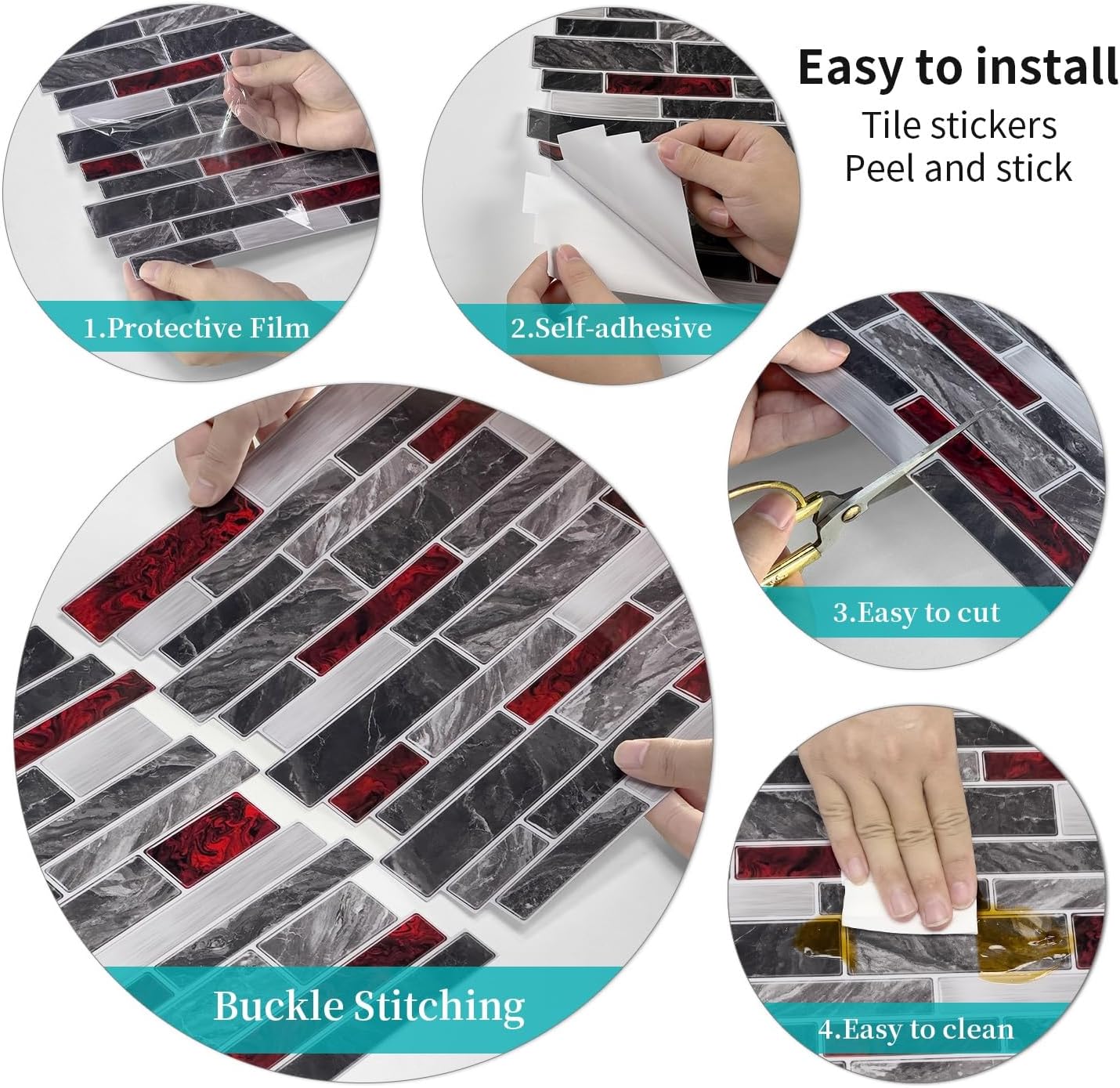 VICCI 12-Sheet Peel and Stick Tile Backsplash, Vinyl Waterproof Tiles Decals 12 x 12 inch Self Adhesive Wall Sticker for Kitchen, Bathroom & Laundry Room (Grey & Red Marble Style)