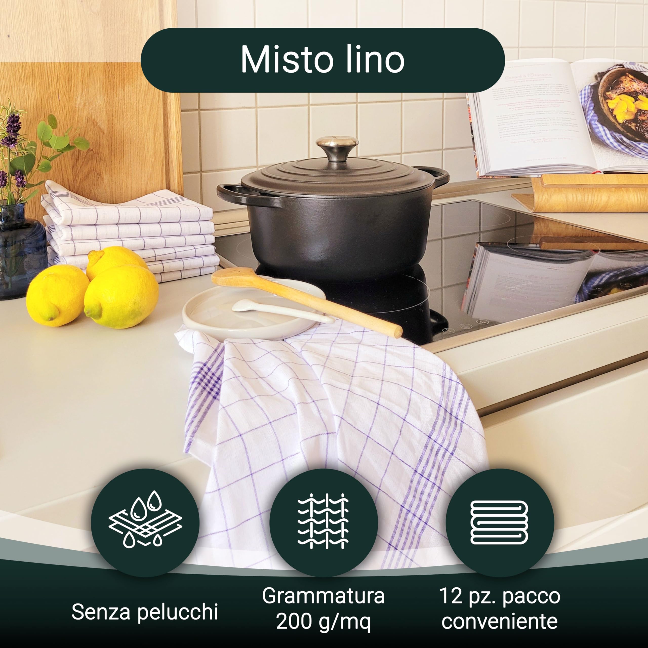 ZOLLNER 12 strofinacci, cotone-lino, 50x70 cm, super assorbenti, senza pelucchi - lavabili a 95°C - a quadri blu e bianchi - qualità gasdtronomica - certificato Oeko Tex®