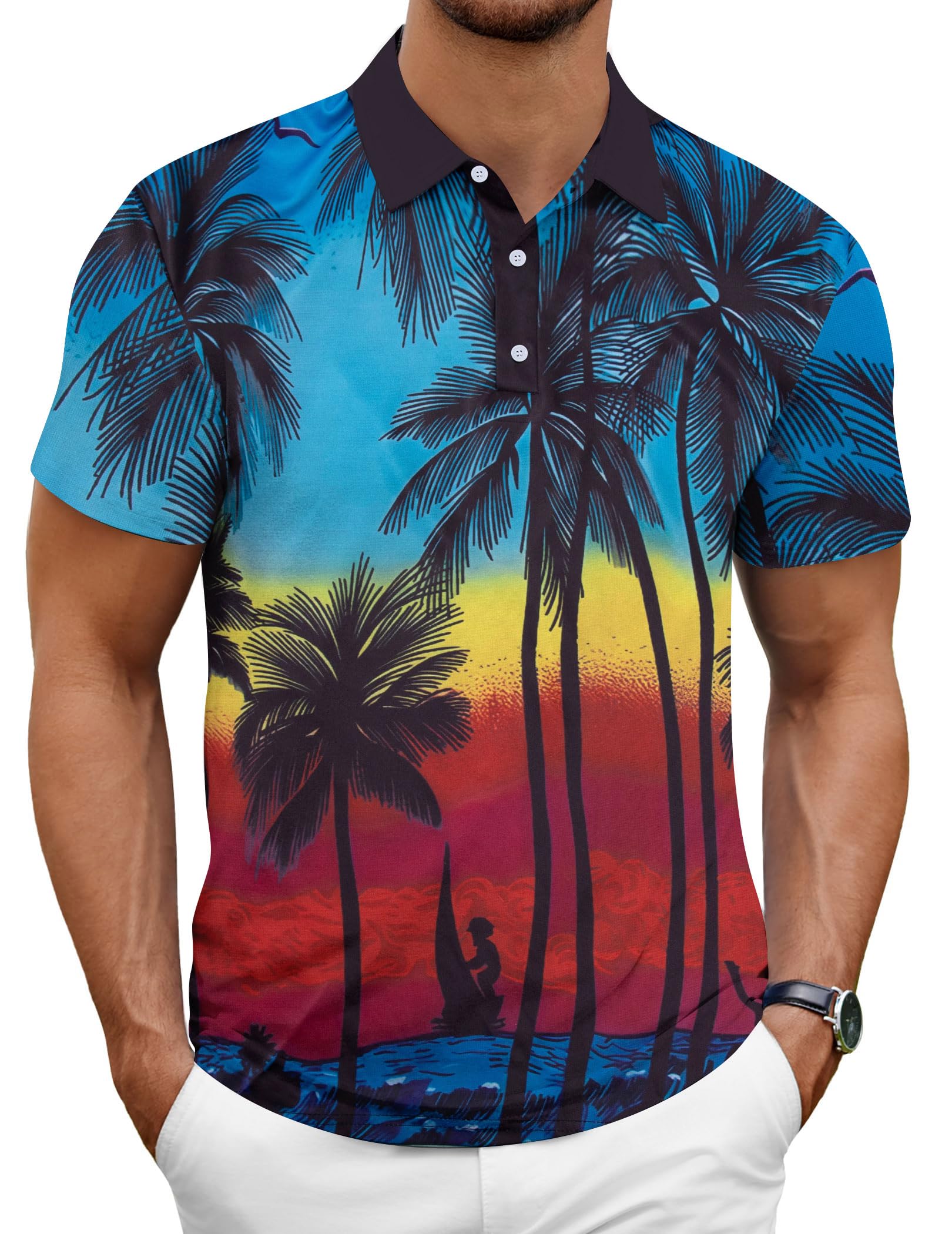 Hawaiian Golf Polo Shirts for Men Hawaiian Polo Shirts Premium Print Golf Top Moisture Wicking Dry Fit Soft Sports Tees
