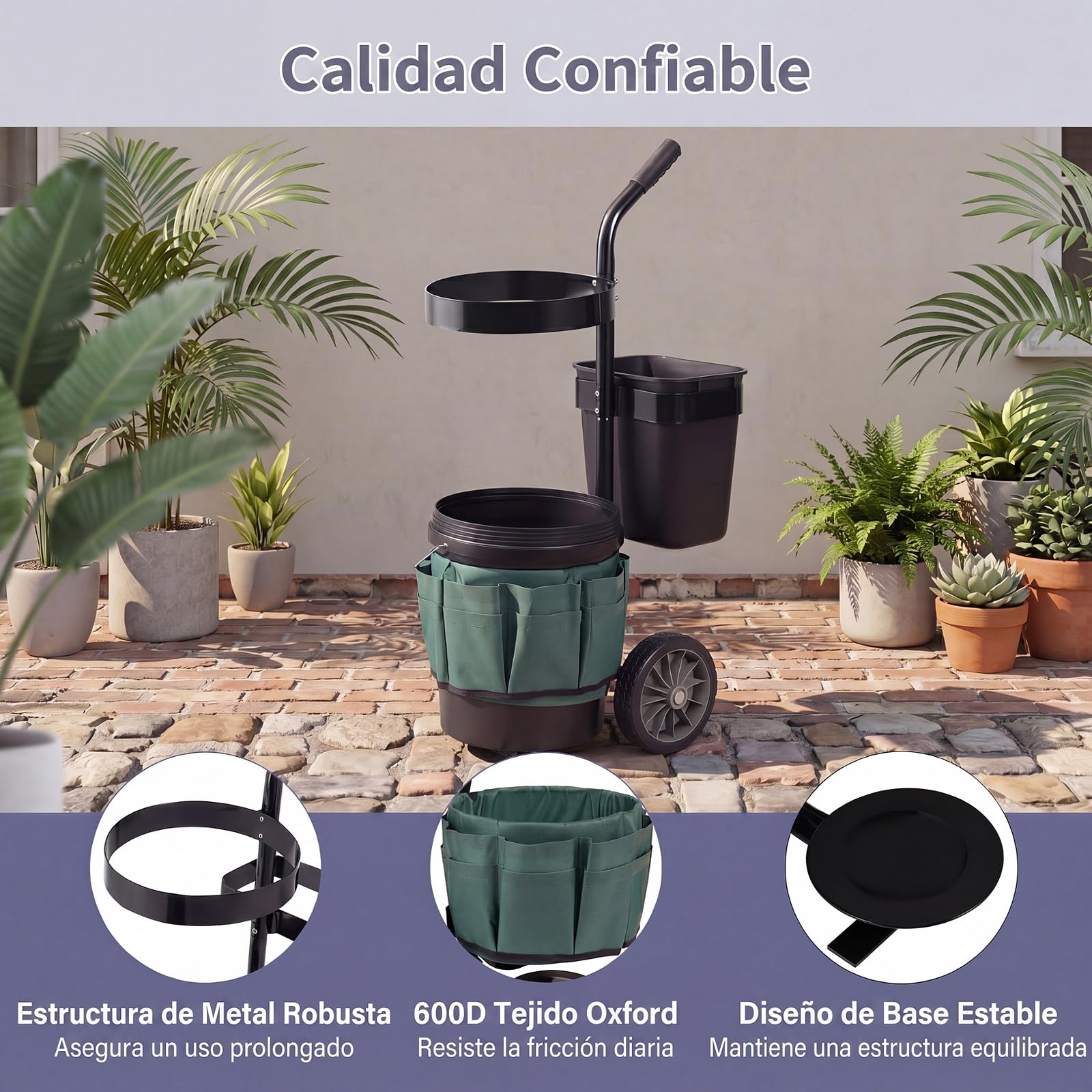 GYMAX Carro de Jardín para Herramientas, Carrito de Transporte con Ruedas, Cubo Redondo de 20 L, Cubo Rectangular de 5 L y Bolsa de Tela Oxford, Carretilla Portátil Porta Utensilios de Jardinería