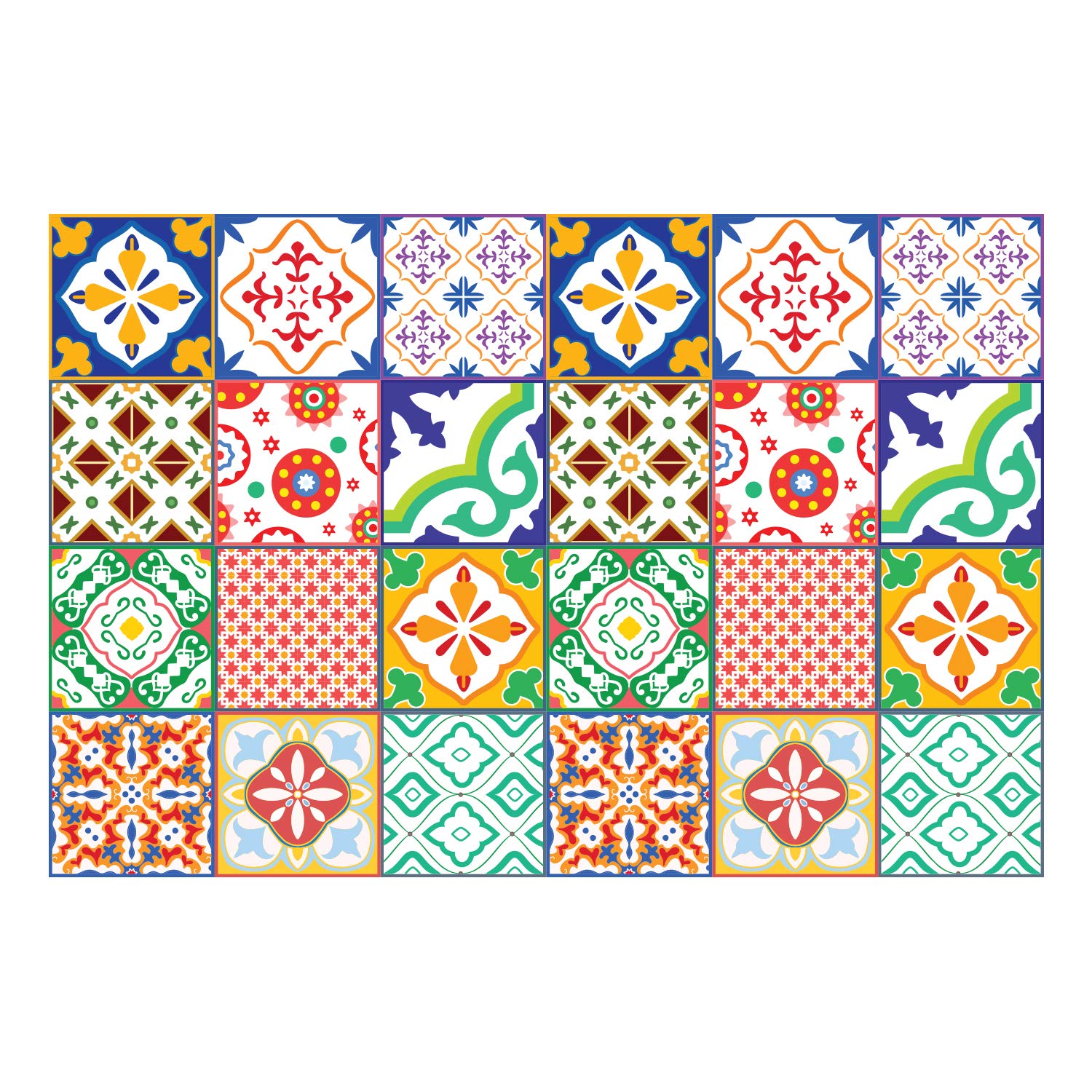 WALPLUS 15cm 24pcs Mediterranean Colourful Mosaic Wall Tile Stickers Peel and Stick Backsplash Self-Adhesive Vinyl Decals Home Decor DIY Splashbacks Spring Easter Decoration Tile Paint Stick on Tiles
