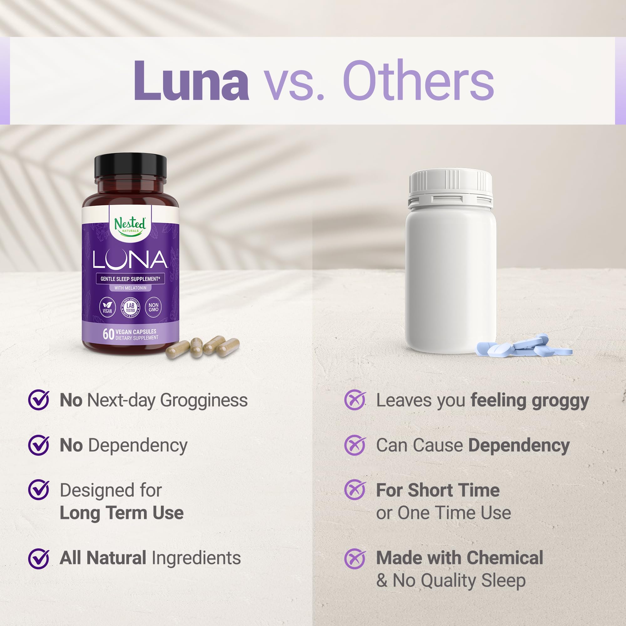 Nested Naturals Luna Sleep Aid - Non-Habit Forming Natural Sleeping Pills for Adults with Naturally Sourced Ingredients - Valerian Root, Melatonin, Chamomile, Lemon Balm, & More - 60 Vegan Capsules — Amazon image 6