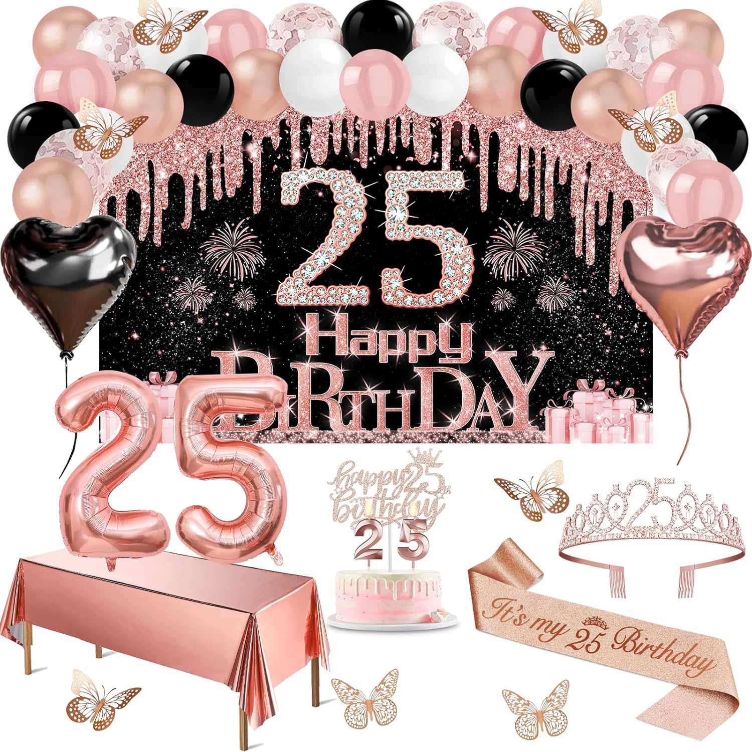 25th Birthday Decorations for Women, 49pcs Black Rose Gold Black Banner, Tablecloth, Butterfly Decor, 25th Birthday Sash and Tiara, Cake Topper, Candles, Balloons Arch
