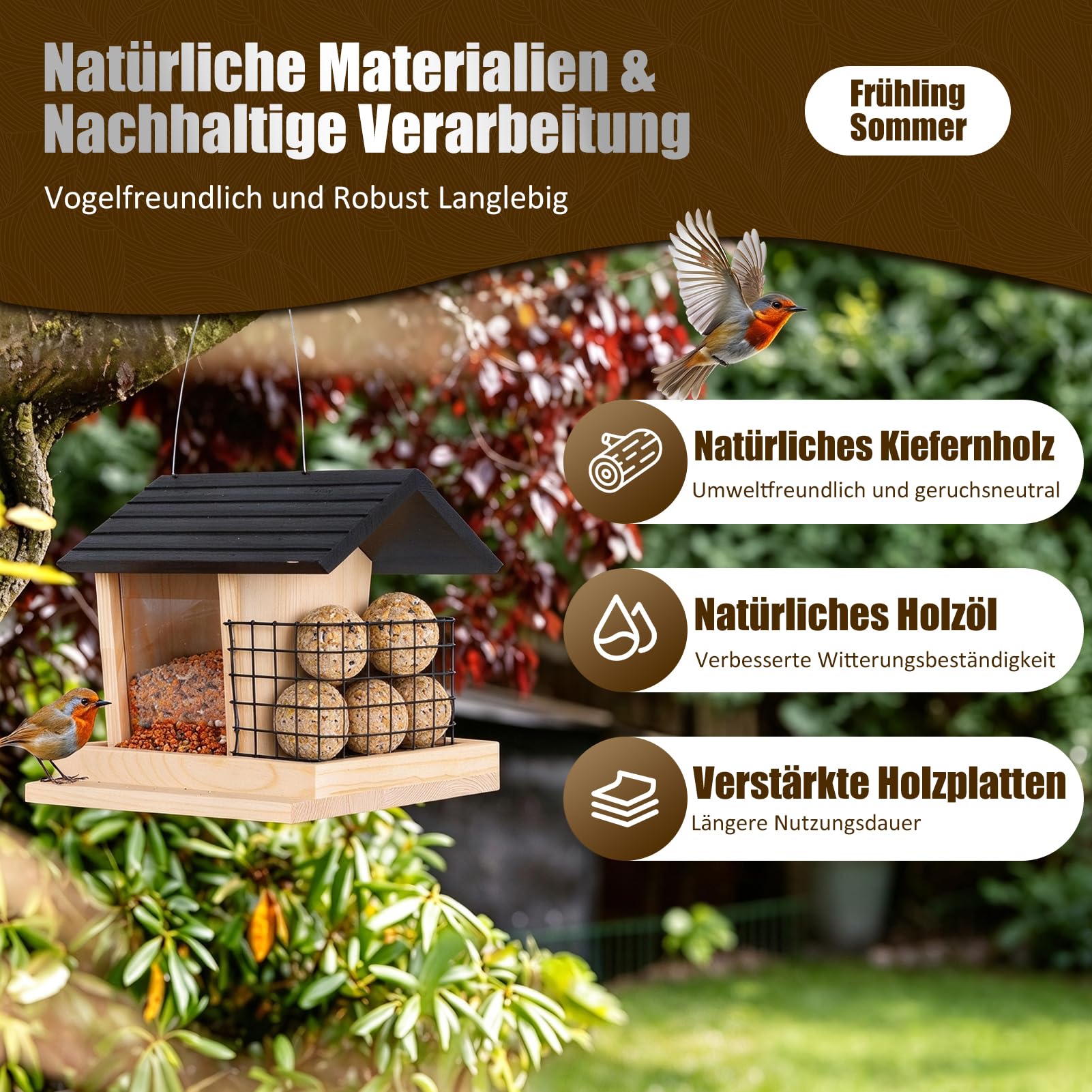 2 in 1 Vogelhaus zum Aufhängen Holz, Vogelhaus Balkon(mit Balkonklemme), Vogelfutterhaus aus Massivholz mit Meisenknödel Gitterhalter, Vogelfutterspender Vogelfutterstation Wetterfest für Garten