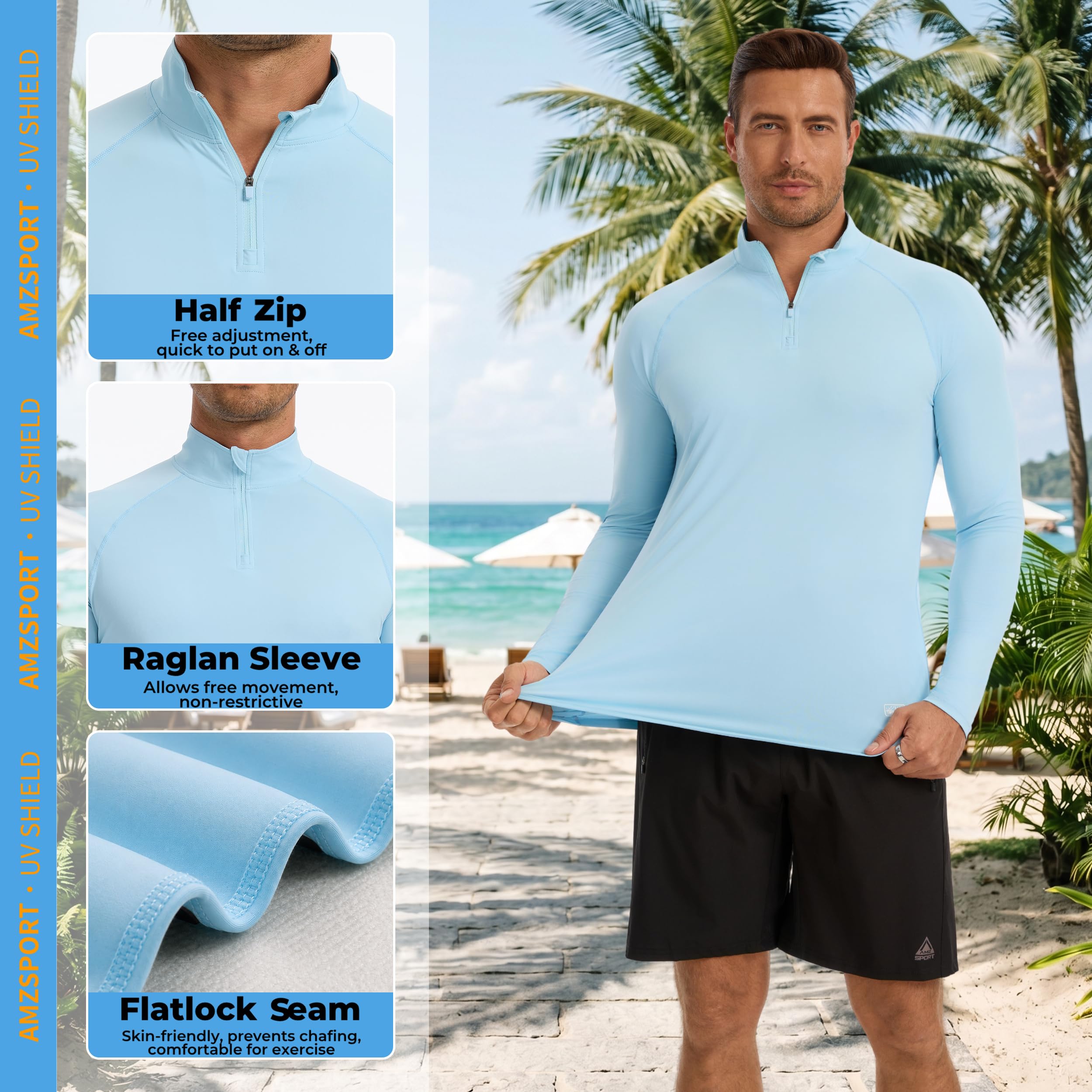 AMZSPORT Camiseta Hombre Manga Larga UV UPF 50+ Protección Solar Cremallera Secado Rápido