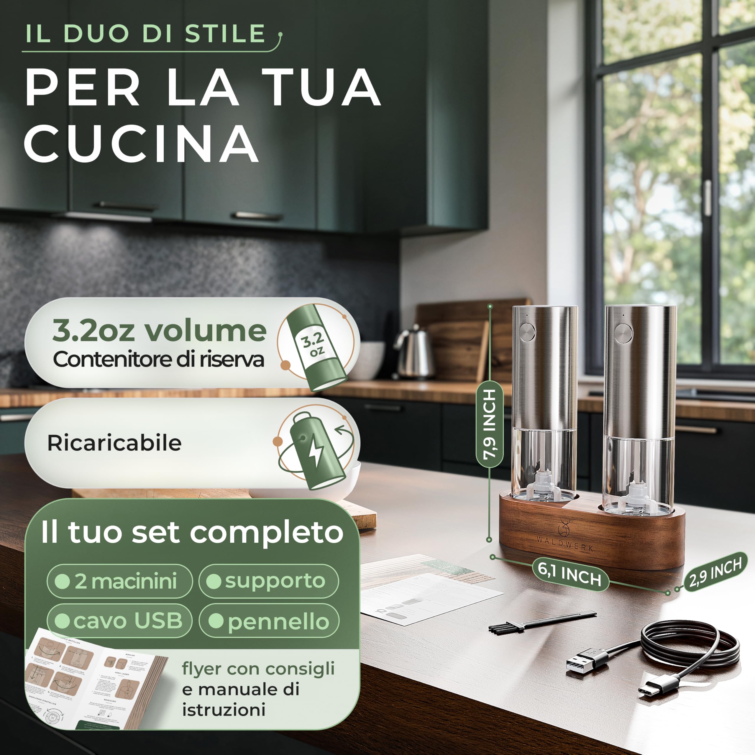 WALDWERK Macina Sale e Pepe elettrico (Batteria 300 mAh) – Macina Pepe e Macina Sale con elegante supporto in legno di acacia – Saliera da Tavola ricaricabili