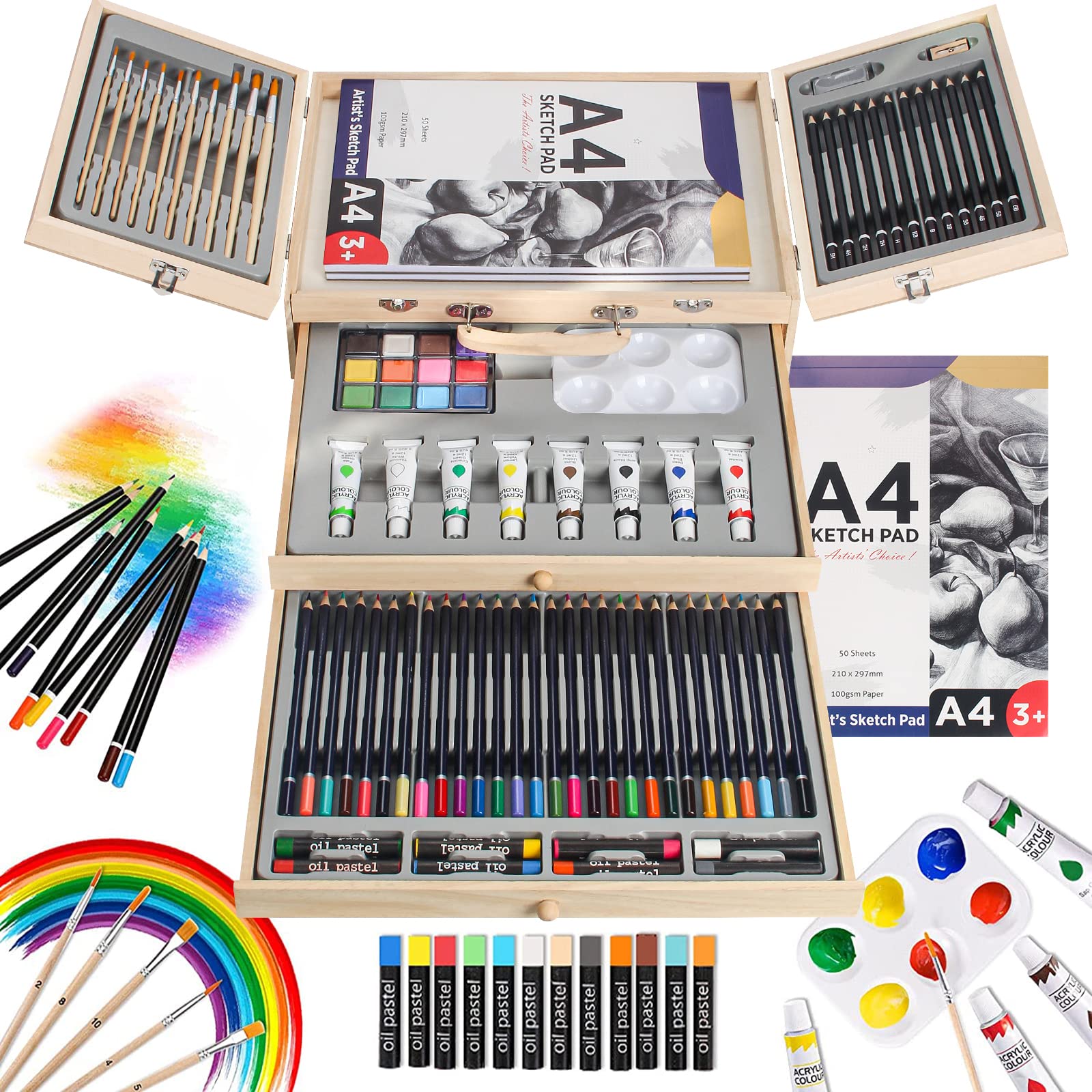 MIAOKE 84 Set de Pintura Niños, Caja de Madera Deluxe y Kit de Dibujo con Lápices de Colores, Pinturas de Acuarela, Pasteles al Óleo, Lápices HB, Acrílica, Pincel, 2 Bloc de Dibujo …
