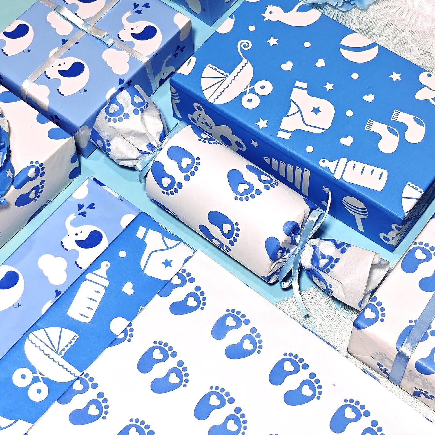 Baby Blue Tissue Paper 28x20 inch, 30 Sheets Large Baby Boy Gift Wrap Tissue Paper for Gift Bag & Packaging, Cute Elephant Footprint Cloud print Art Tissue for Baby Shower, Birthday, Anniversary Craft