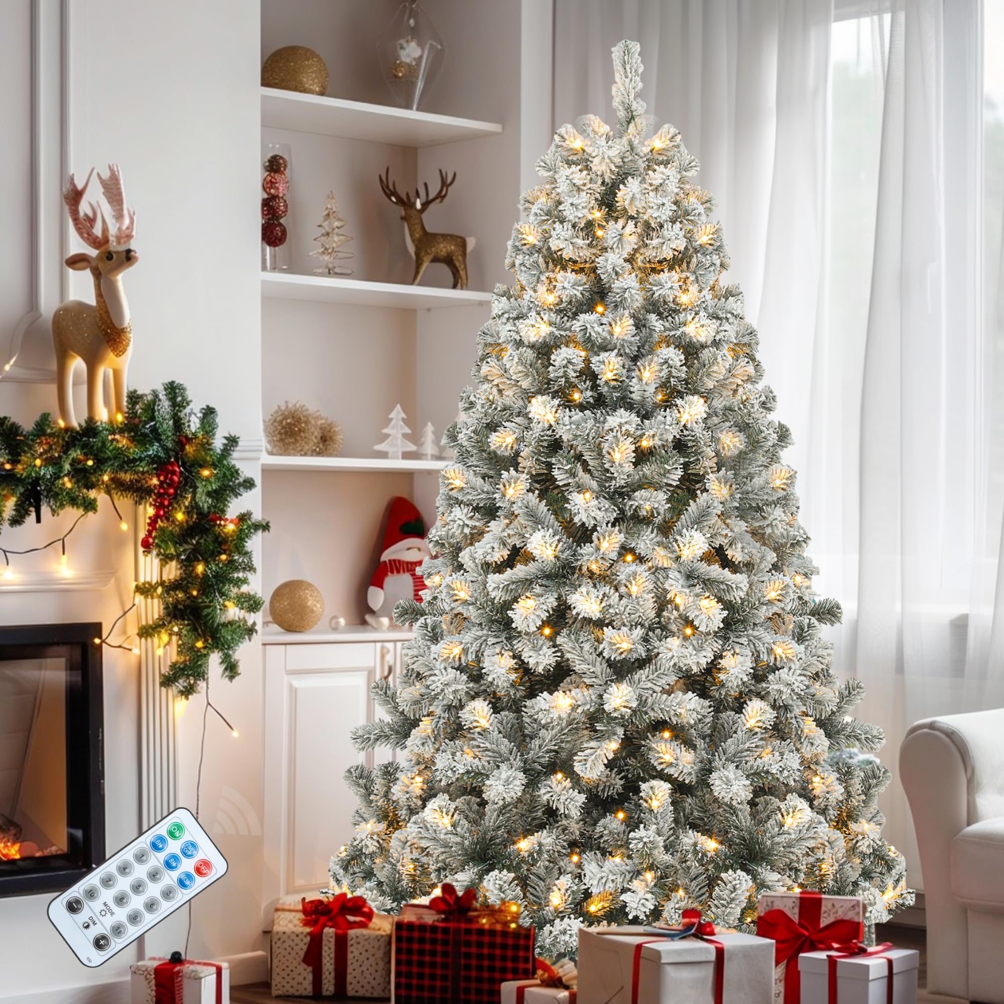 YITAHOME Prelit Snow Flocked Christmas Tree 7.5ft with Remote