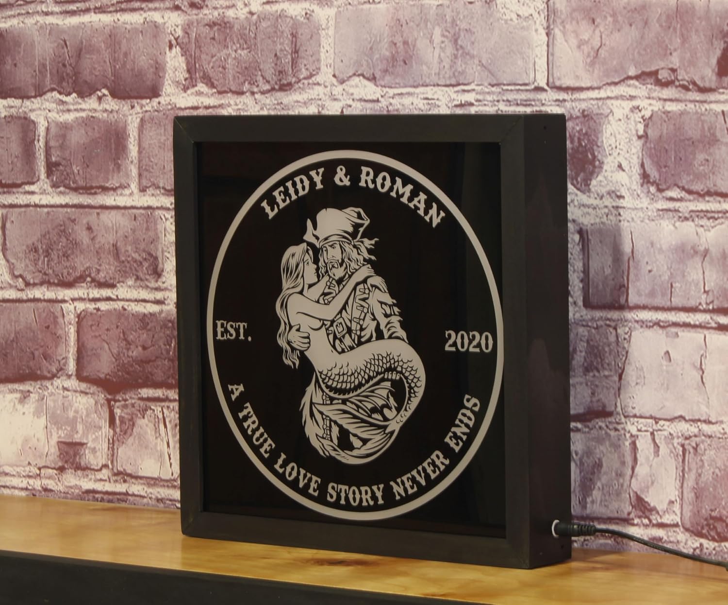 Bones & Smoke Co - “Love & Legends” Pirate and Mermaid Couple LED Light – 12x12 Wood Frame RGB Remote – Custom Name, Tagline & Year – Nautical Romance Decor for Wedding, Bar, or Man Cave