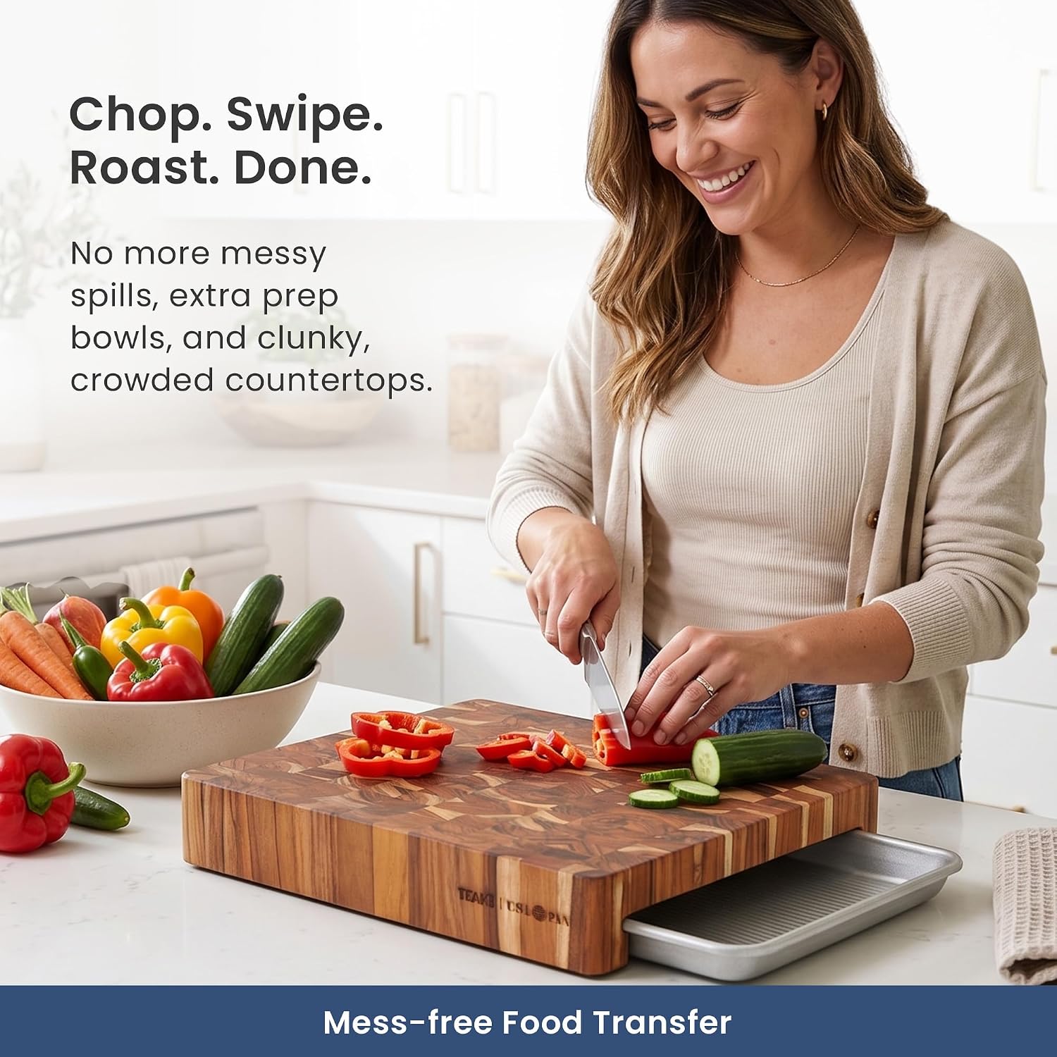 Teakhaus Prep-to-Pan End Grain Cutting Board & USA Pan Quarter Sheet Set