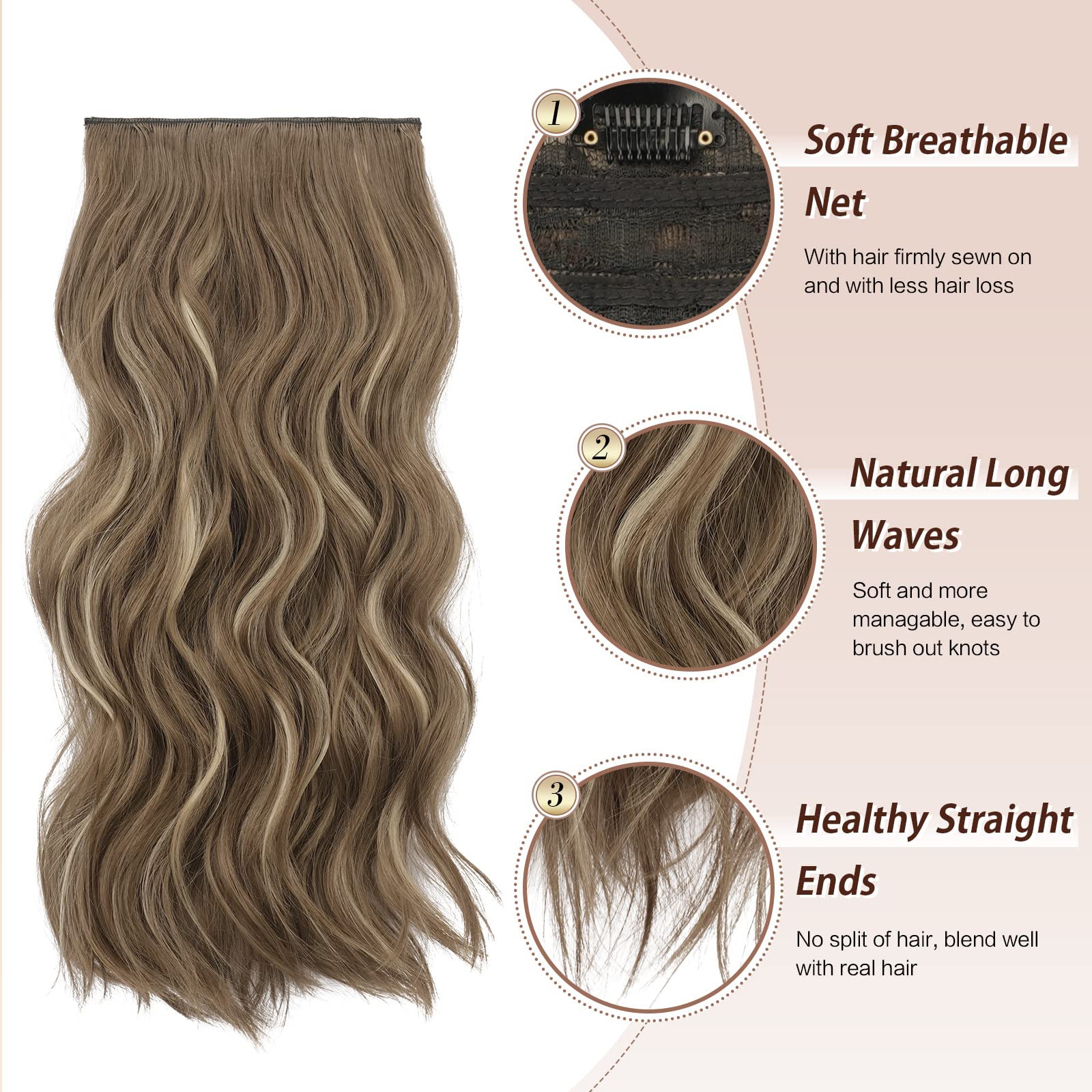FESHFEN Clip in Hair Extensions 4 PCS Thick Highlight Hairpieces Long Wavy Clip in Hair Piece Full Head Synthetic Hair Extensions for Women 20 Inches Brunette Mixed Ash Blonde - Image 3