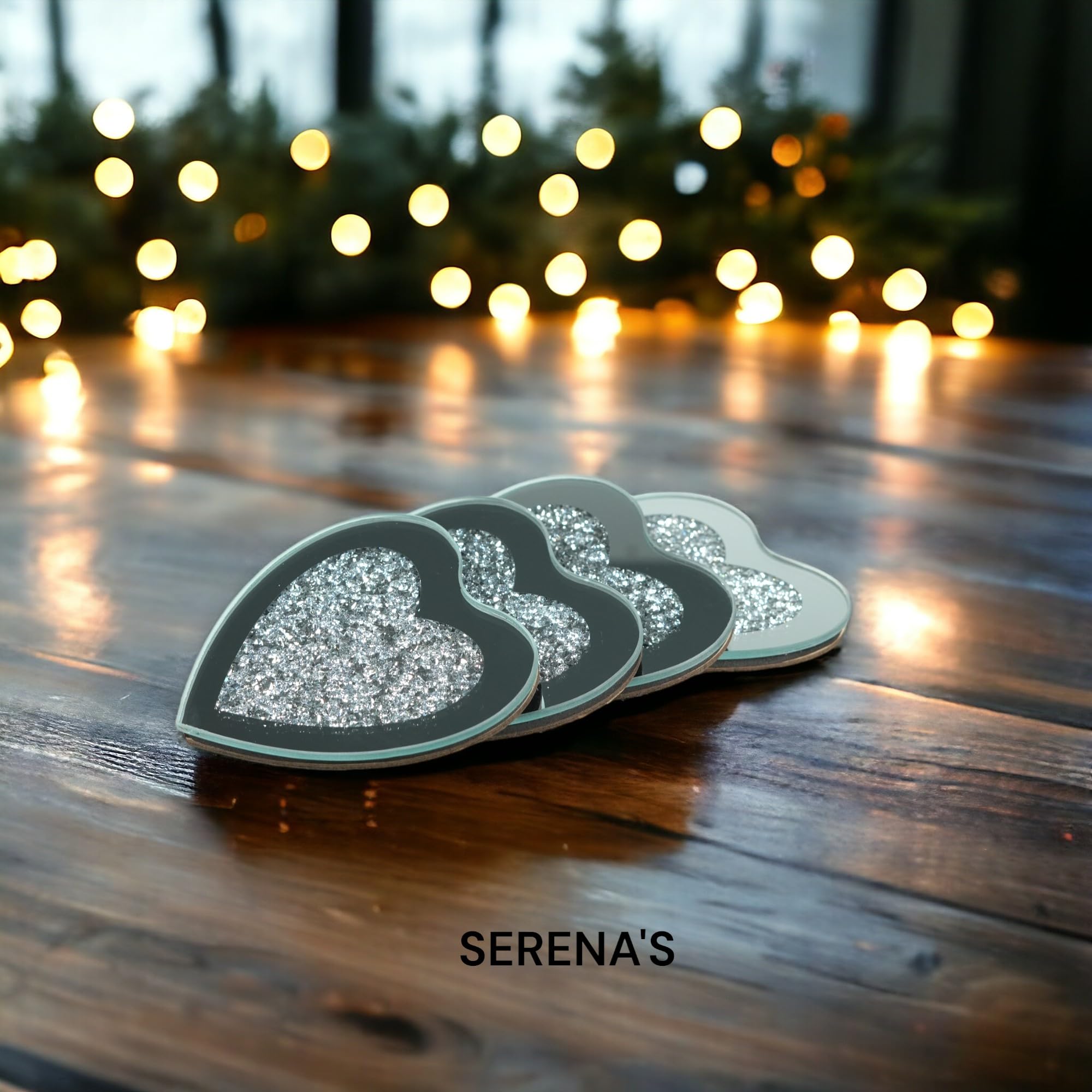 SERENA'S ® 4 Pack Crushed Diamond Crystal and Mirror Coasters Set of 4 Glittering Silver Coasters for Home Kitchen Bar & Restuarant Decor (Heart) - Image 2