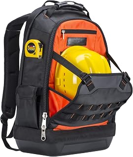 AUMTISC Tool backpack heavy duty tool bag with removable waterproof plastic bottom,59 pocket and loops,for electricians helmet