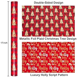 MAYPLUSS Christmas Wrapping Paper Roll, Red Plaid Wrapping Paper, Classic Red Christmas Tree and Plaid Gift Wrap with Metallic Foil Shine for Holiday Gift Packaging (17 Inch X 16.5 Feet)