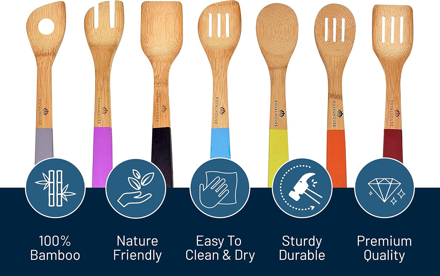 RoyalHouse Wooden Kitchen Utensils Set, 7 Piece Bamboo Cooking Tools, Cooking Spoons and Spatulas with Colored Handles, Non-Stick Wooden Spoons for Cooking