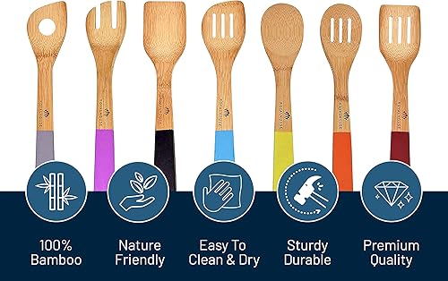Miniatura 2 de RoyalHouse Juego de utensilios de cocina de madera, 7 herramientas de cocina de bambú, cucharas de cocina y espátulas con asas de colores, cucharas