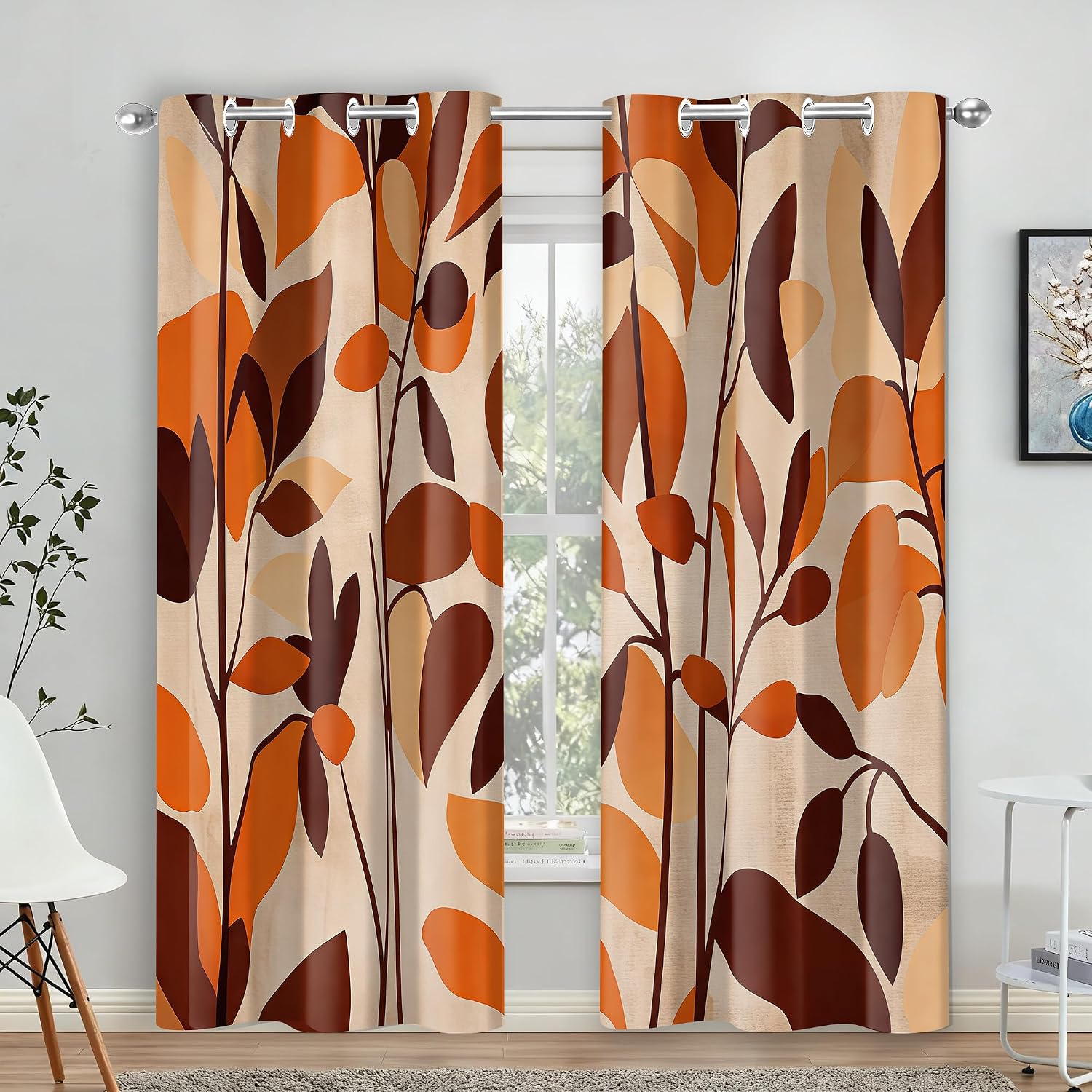 Boho Burnt Orange Leaves Curtains Retro Vintage Leaf Curtains Rustic Plant Botanical Modern Abstract Art Printed Nature Living Room Bedroom Window Treatment Drapes 2 Panels 42x84 Inch
