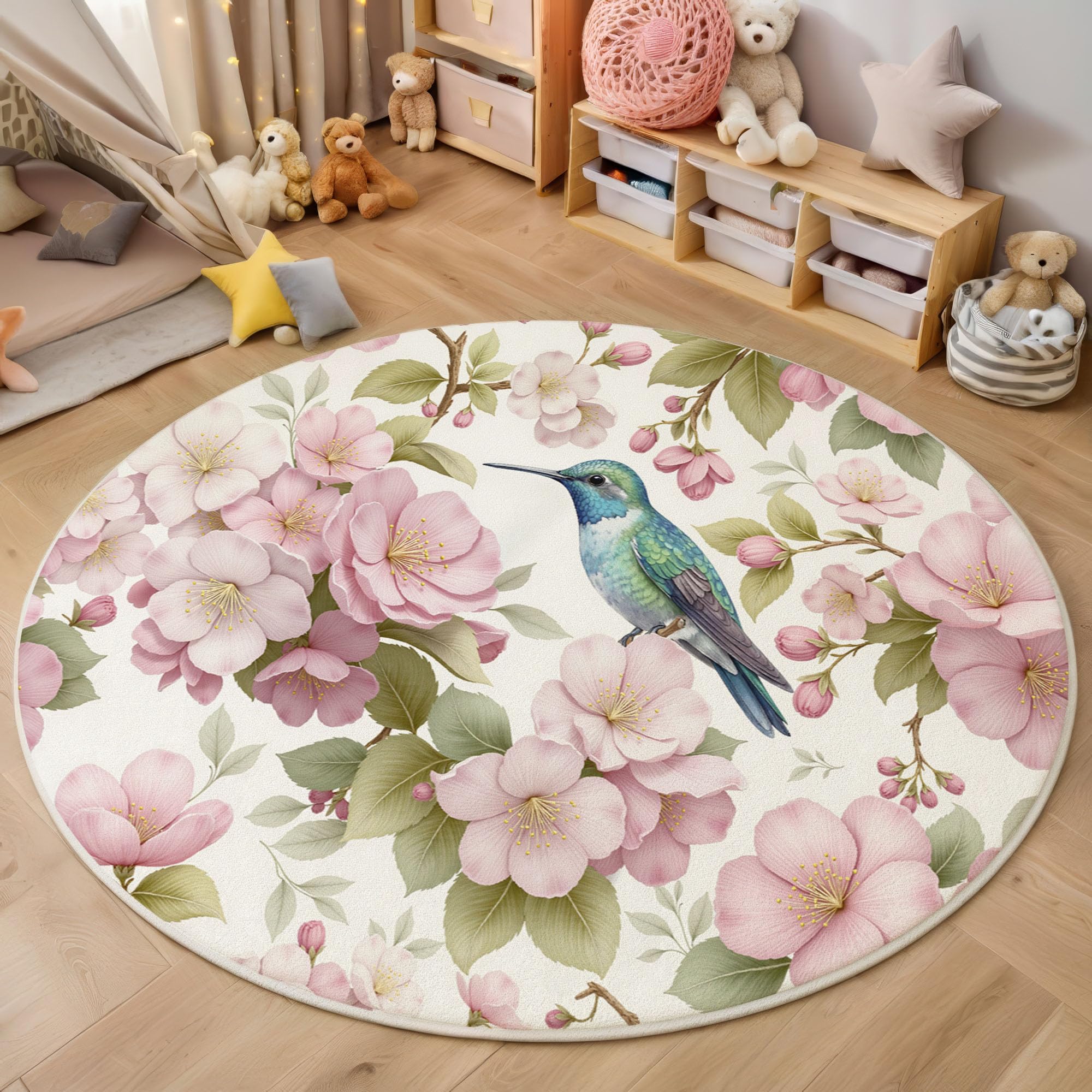 Tapis rond nature fleurs colibris lavable en machine 160cm
