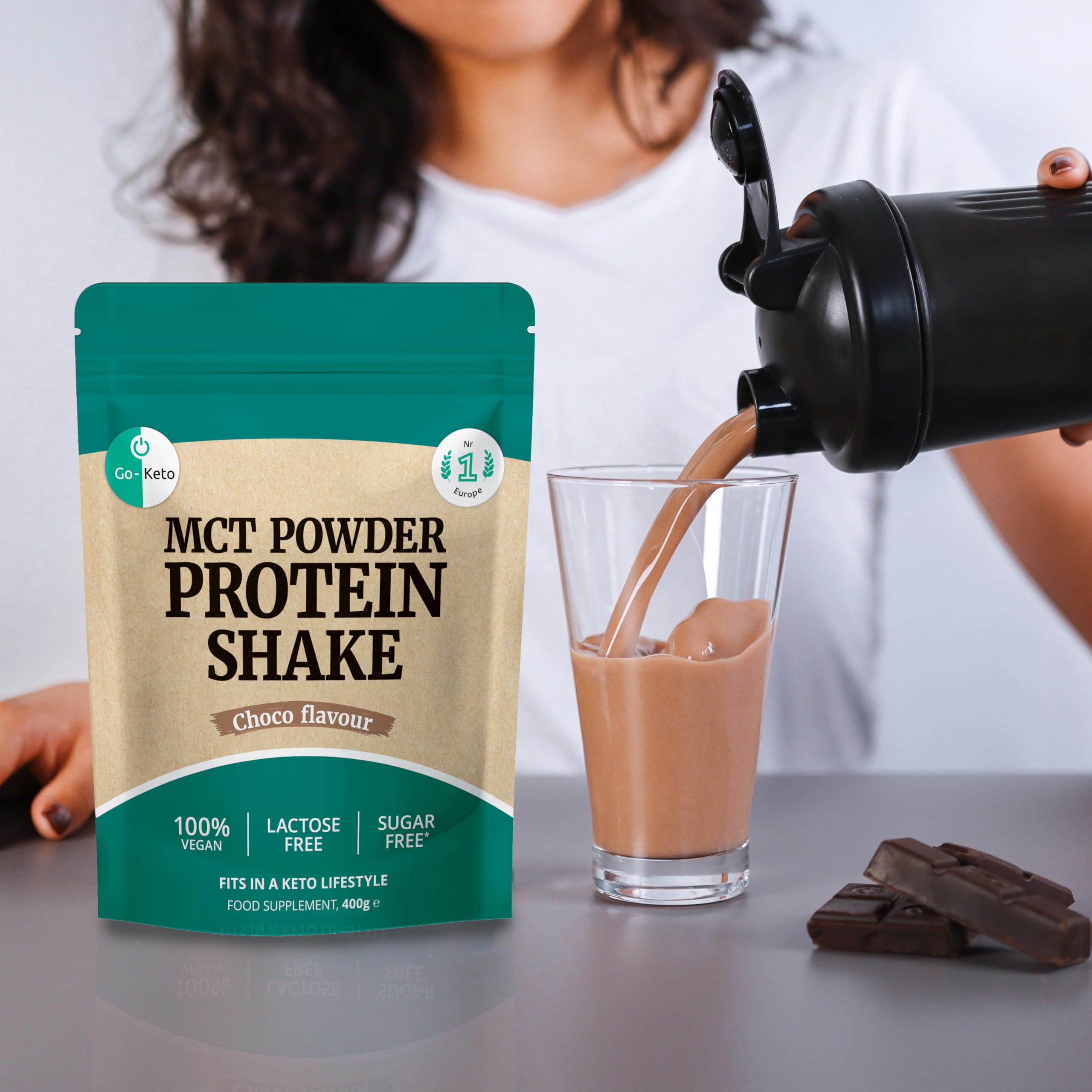 Go-Keto MCT Vegan Protein Shake Chocolate, 400g polvere | con MCT dall'olio di cocco per la tua dieta keto | proteine ​​vegane da proteine ​​di piselli e proteine ​​di riso