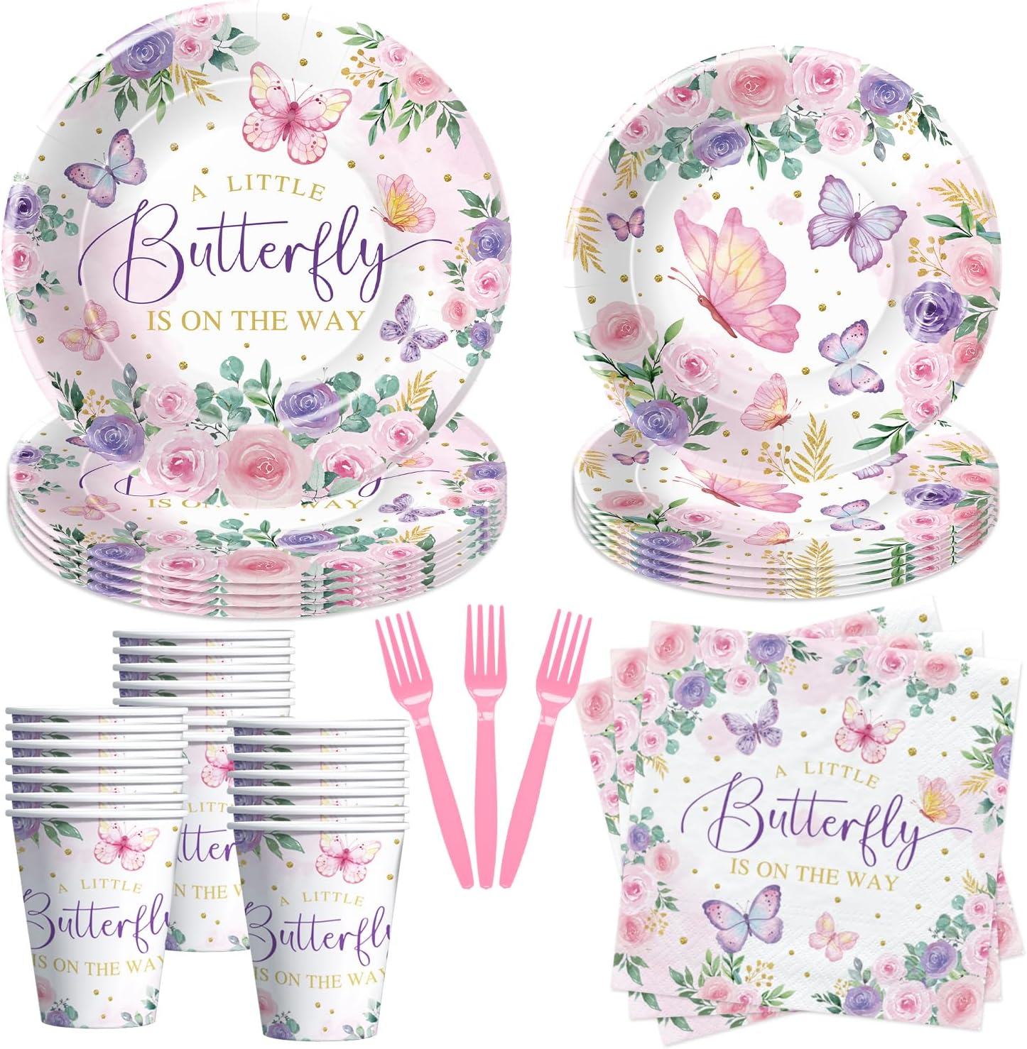 Butterfly Baby Shower Decorations Tableware Girl, Floral A Little Butterfly Is On The Way Plates And Napkins Party Supplies, Paper Plate, Cup, Napkin, Fork, Serves 24