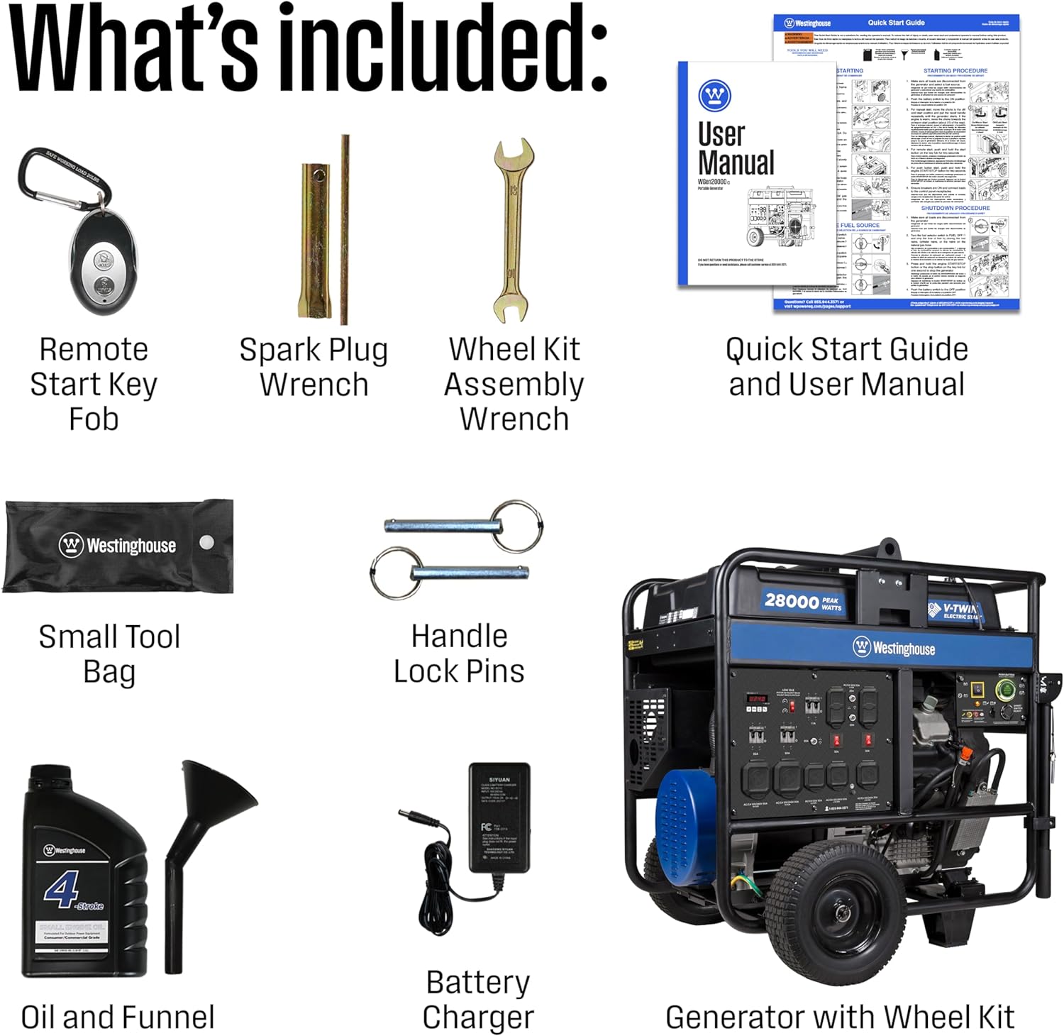Contents included with Westinghouse WGen20000c Portable Generator: Remote Start Key Fob, Spark Plug Wrench, Wheel Kit Assembly Wrench, Quick Start Guide and User Manual, Small Tool Bag, Handle Lock Pins, Oil and Funnel, Battery Charger, and the Generator with Wheel Kit.