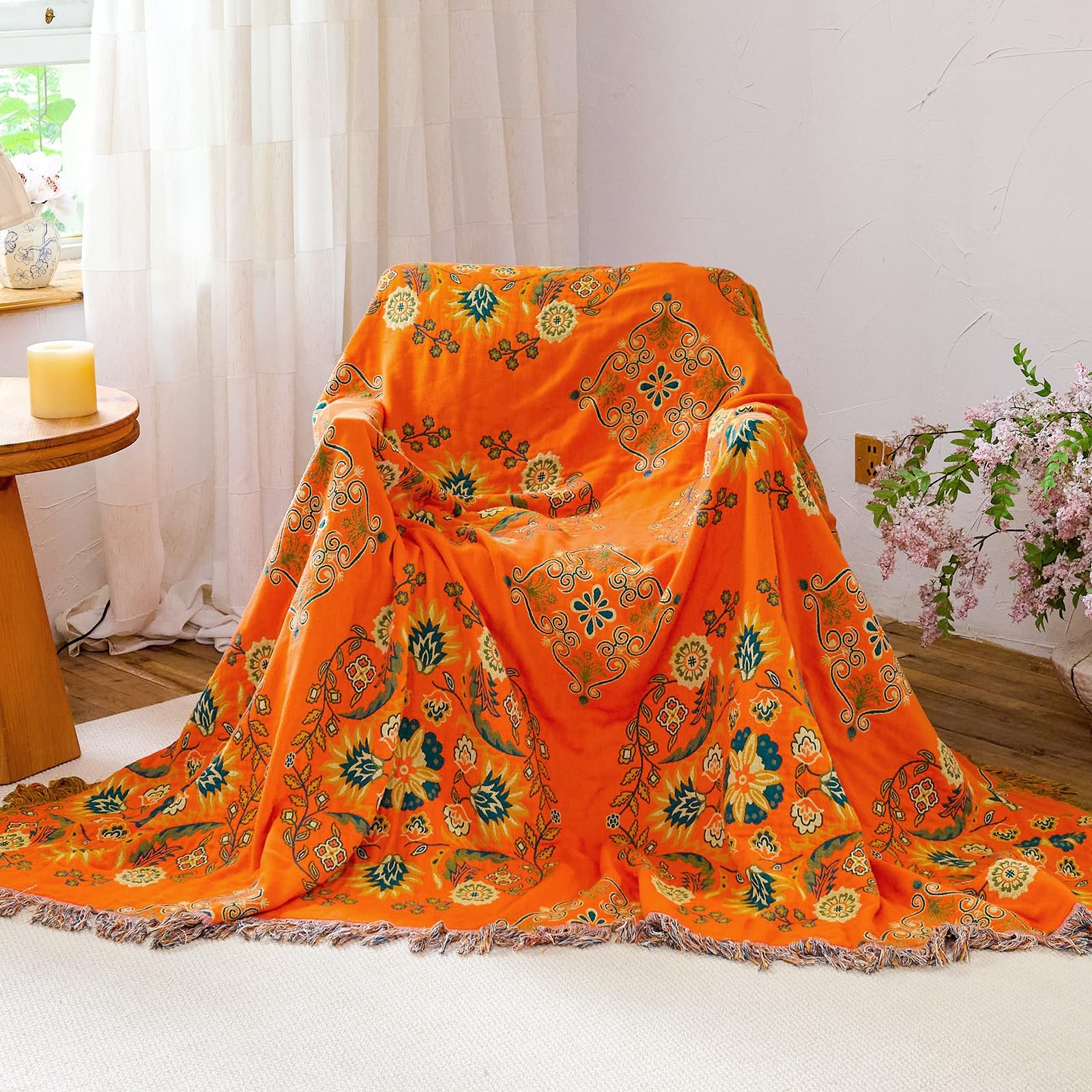 HOORDRY Colcha de algodón, manta para sofá con estampado, 150 x 200 cm, de doble cara, estilo bohemio, reversible, para ver la televisión o en la silla, cama individual