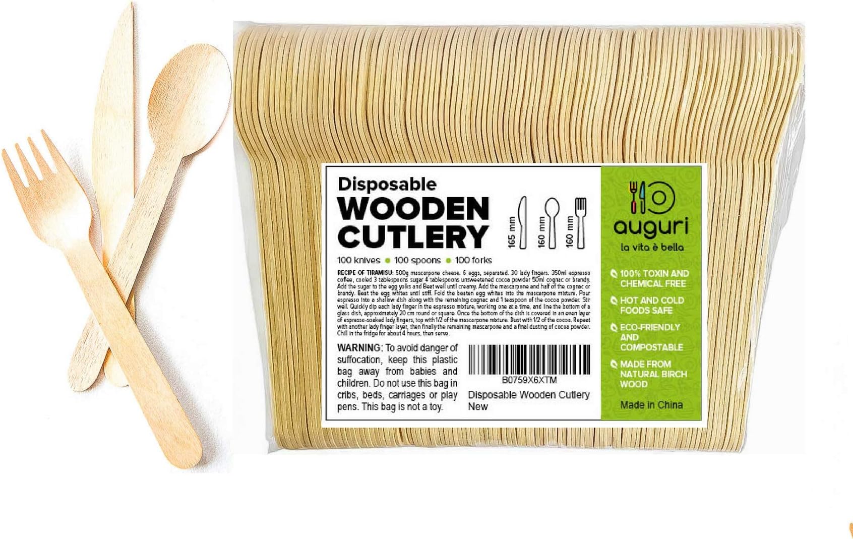 Disposable Wooden Cutlery by Auguri – 300 Pack- Eco-Friendly, Biodegradable and Compostable Tableware - Green alternative to plastic flatware and metal utensils -100 Spoons,100 Knives and 100 Forks