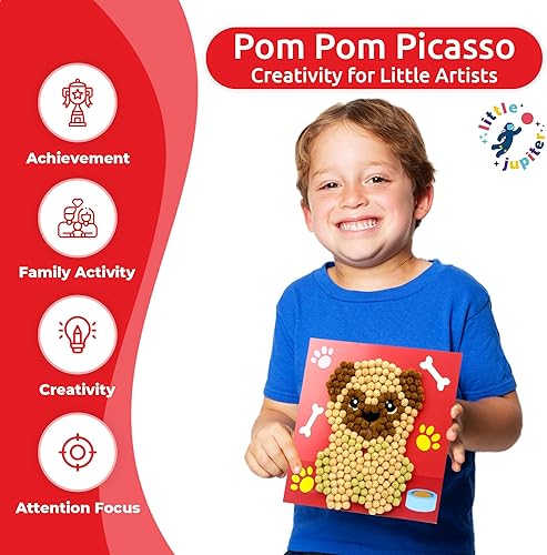 Vista 13 de Little Jupiter Arte de pompones de bricolaje, hace 3 piezas de arte, manualidades para niños y niñas de 3 a 5 años, manualidades para niños