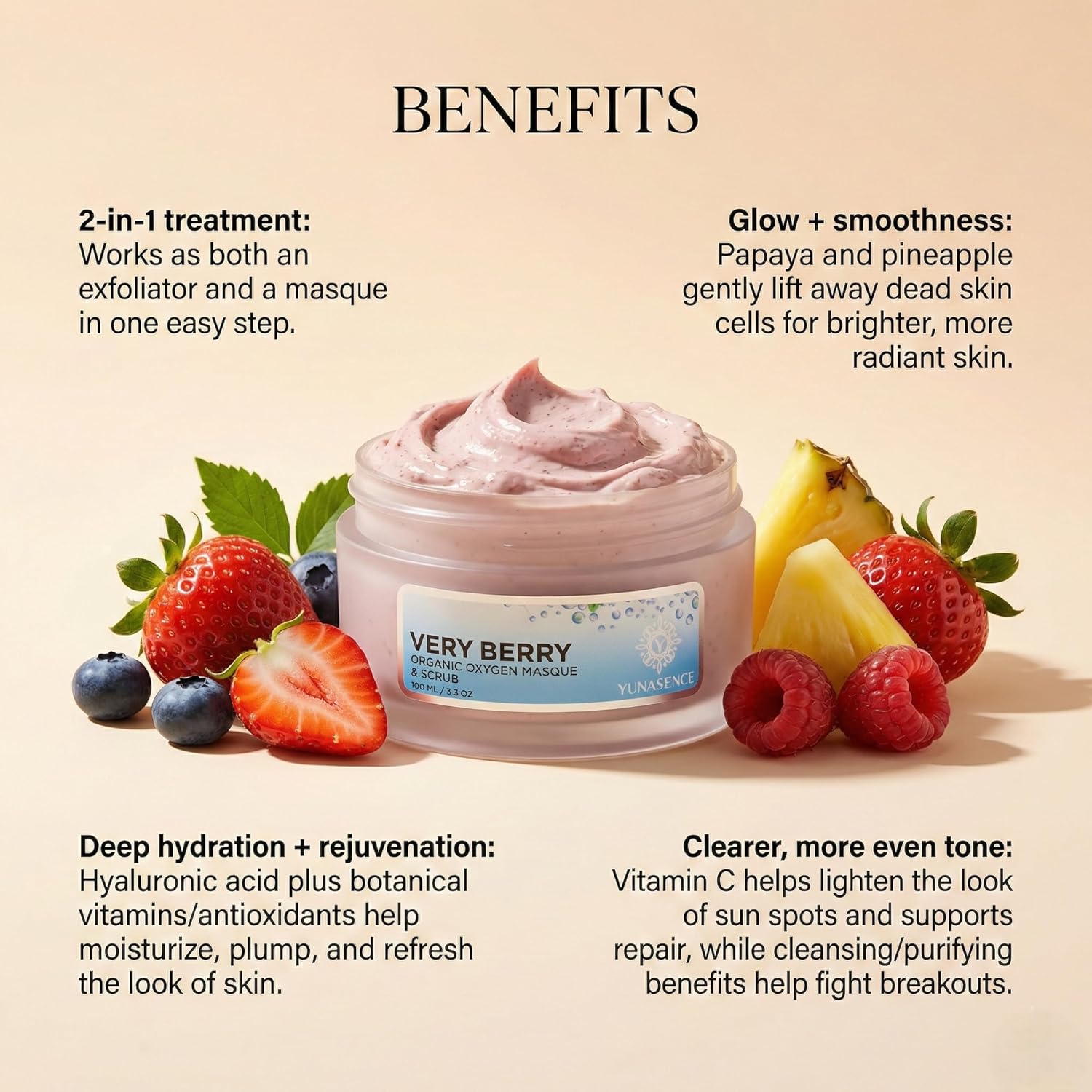 Sweetsation Therapy/Yunasence, Very Berry Oxygen Exfoliating Mask & Scrub w/Vitamin C, Enzymes & Superberries. Rejuvenating, Hydrating, Purifying, Pore cleansing.