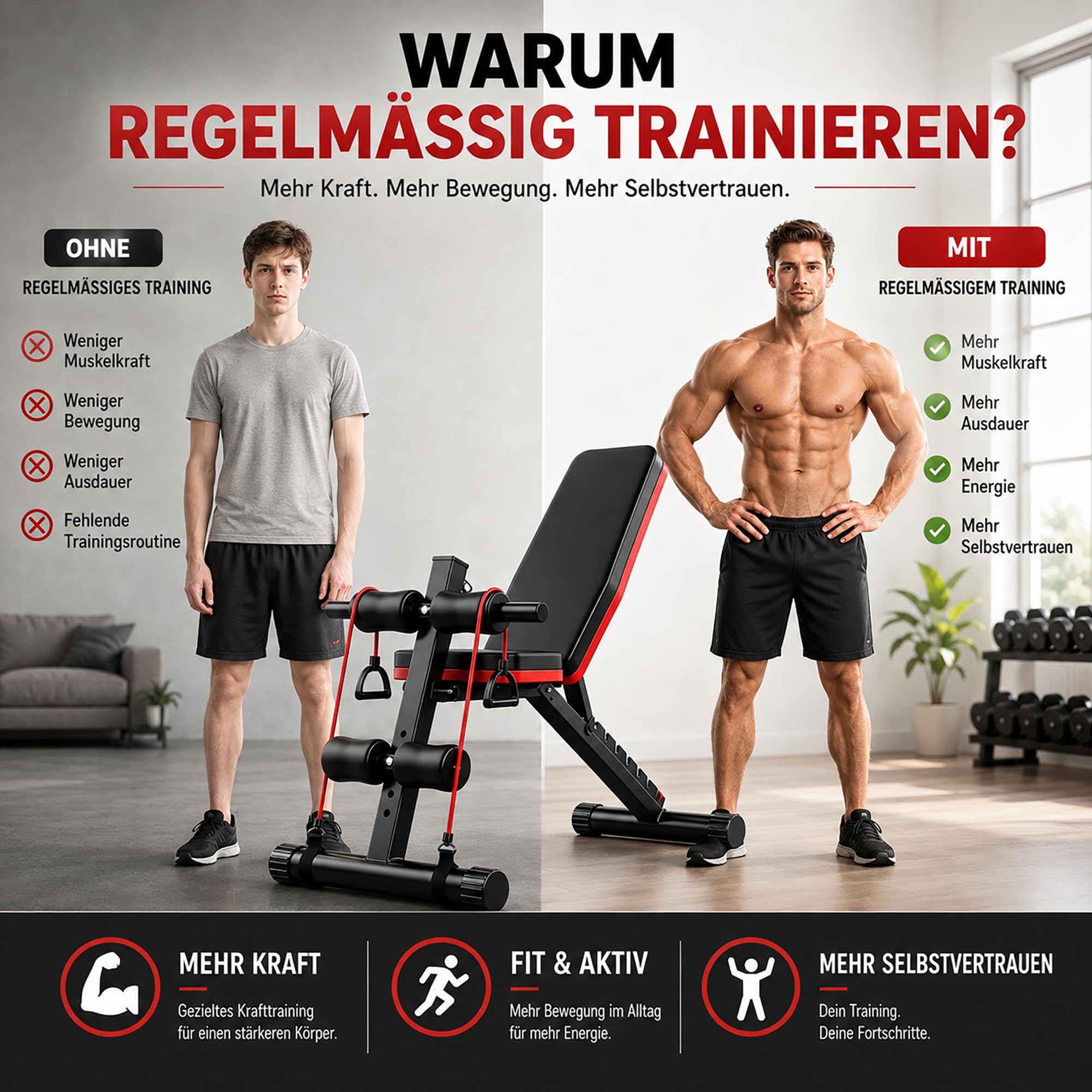 Klappbare Multifunktions-Hantelbank – Verstellbare Fitnessbank mit 250 kg Belastbarkeit, 7-fach verstellbarer Rückenlehne, Widerstandsbändern