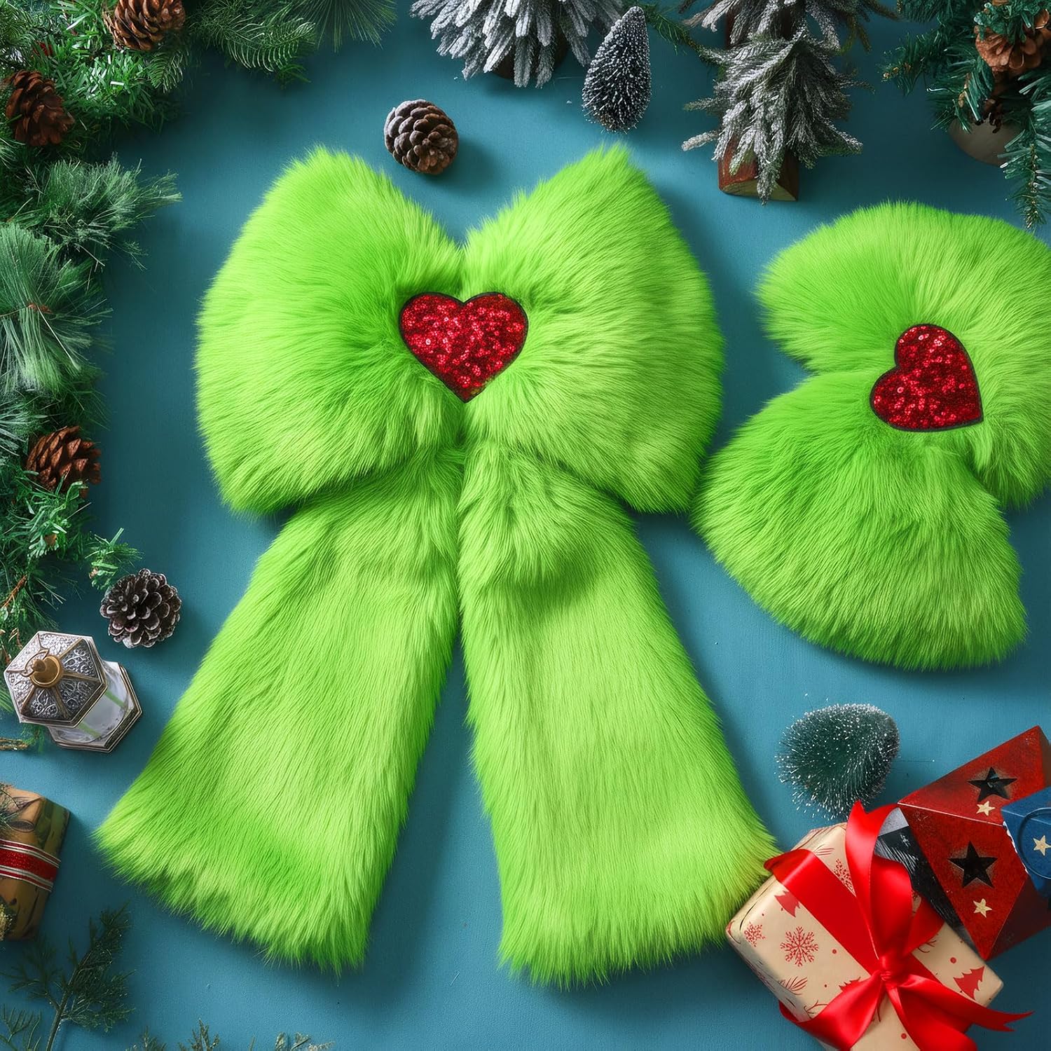 Soulchen 2 Pcs Extra Large Green Christmas Bows Ornaments 23.6" x 13.8" Lime Green Plush Christmas Tree Topper Decorations Furry Xmas Tree Topper for Wreath Door Window Fireplace Staircase Decor