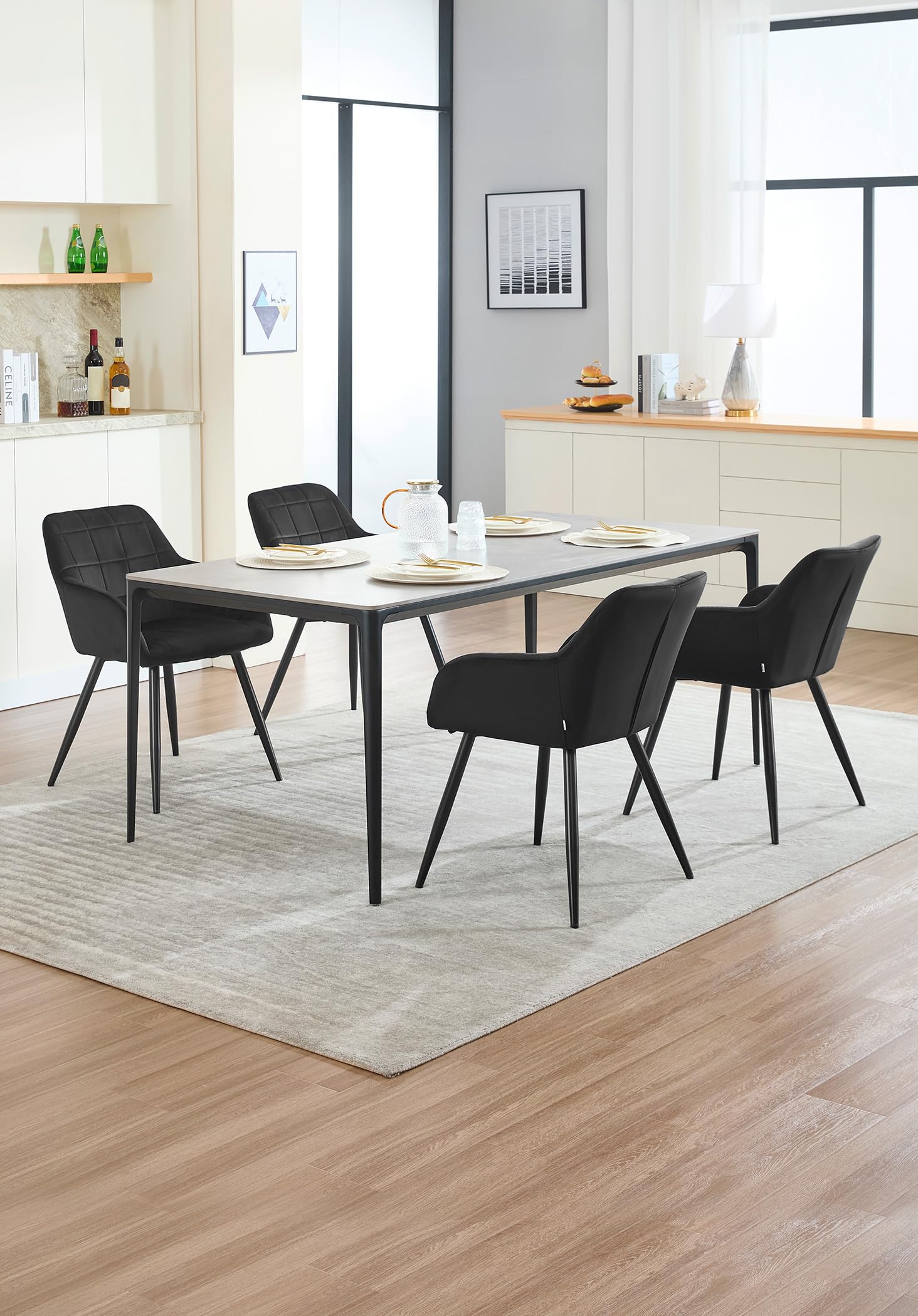 WOLTU Sedia per Sala da Pranzo Imbottita, Poltroncina in Velluto,Sedia da Cucina con Braccioli e Schienale, Gambe in Metallo, moderne,Nero,