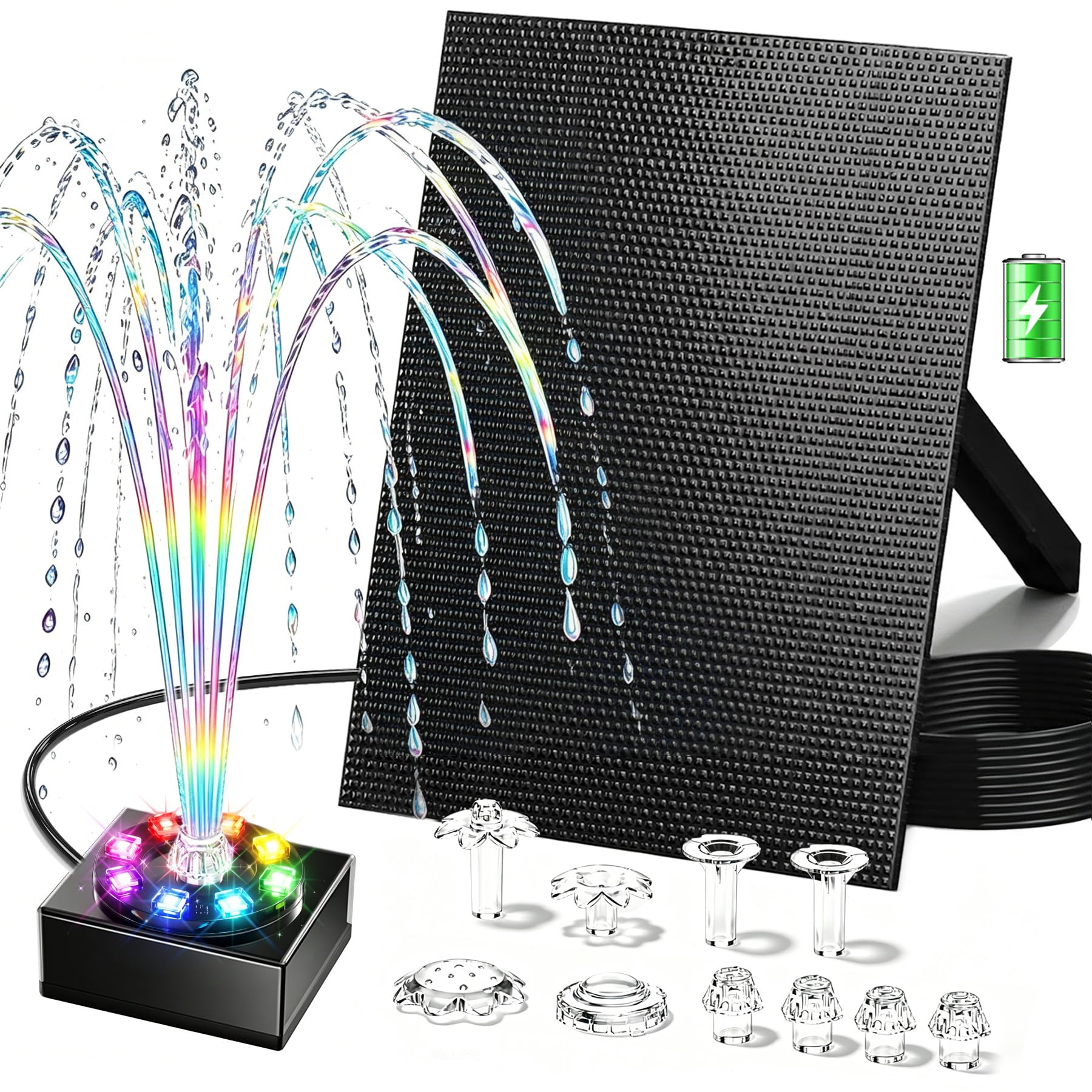 Pompa da laghetto solare 8W con batteria 1800mAh – Fontana solare per esterni per abbeveratoio per uccelli, piccolo laghetto e giochi d’acqua – 10 stili di zampillo e 8 LED colorati