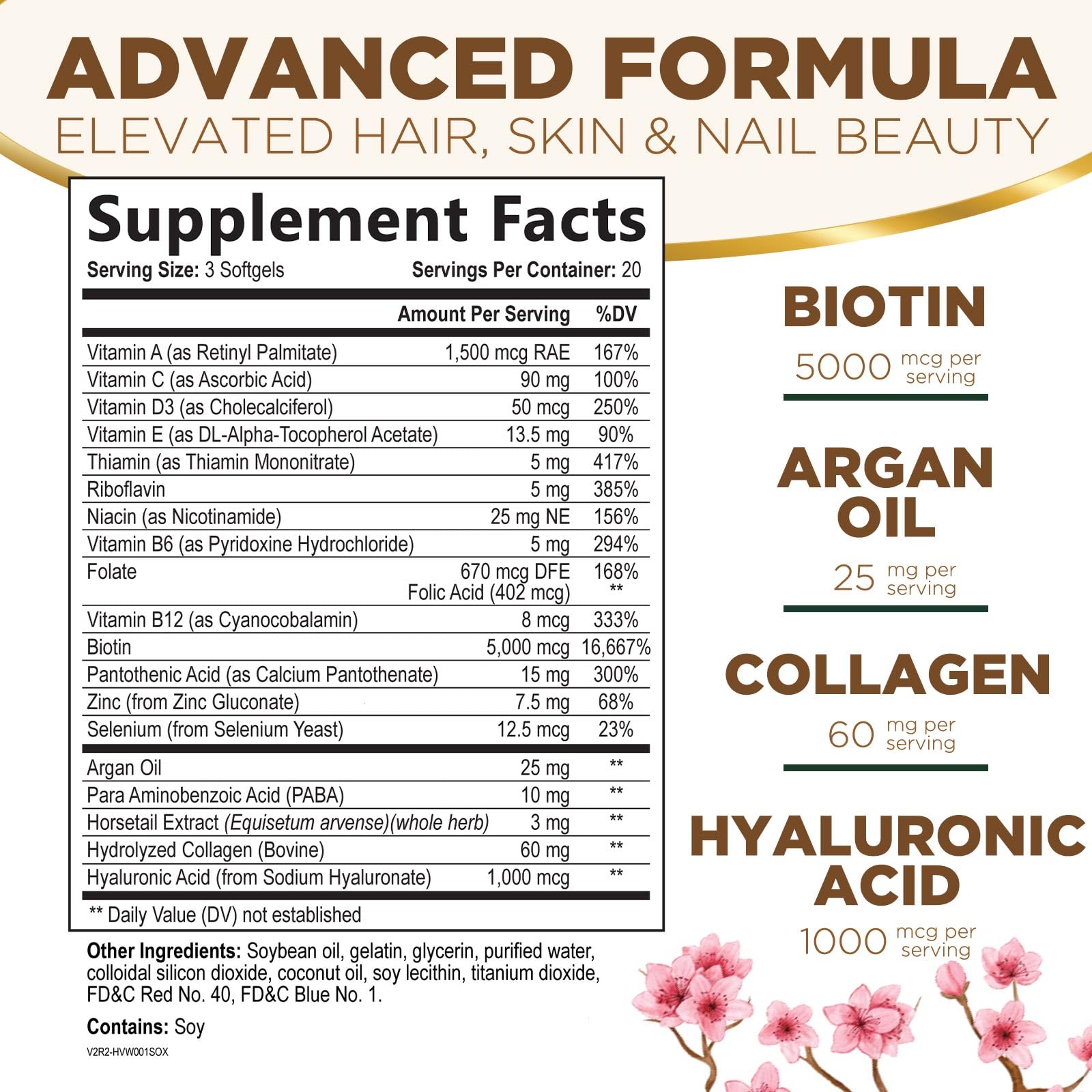 Hair Skin and Nails Vitamins for Hair Growth - Extra Strength Biotin 5000mcg, Collagen, Argan Oil & Hyaluronic Acid Multivitamin - Best Beauty Supplement for Women & Men - USA Bottled - 60 Softgels — Amazon image 2