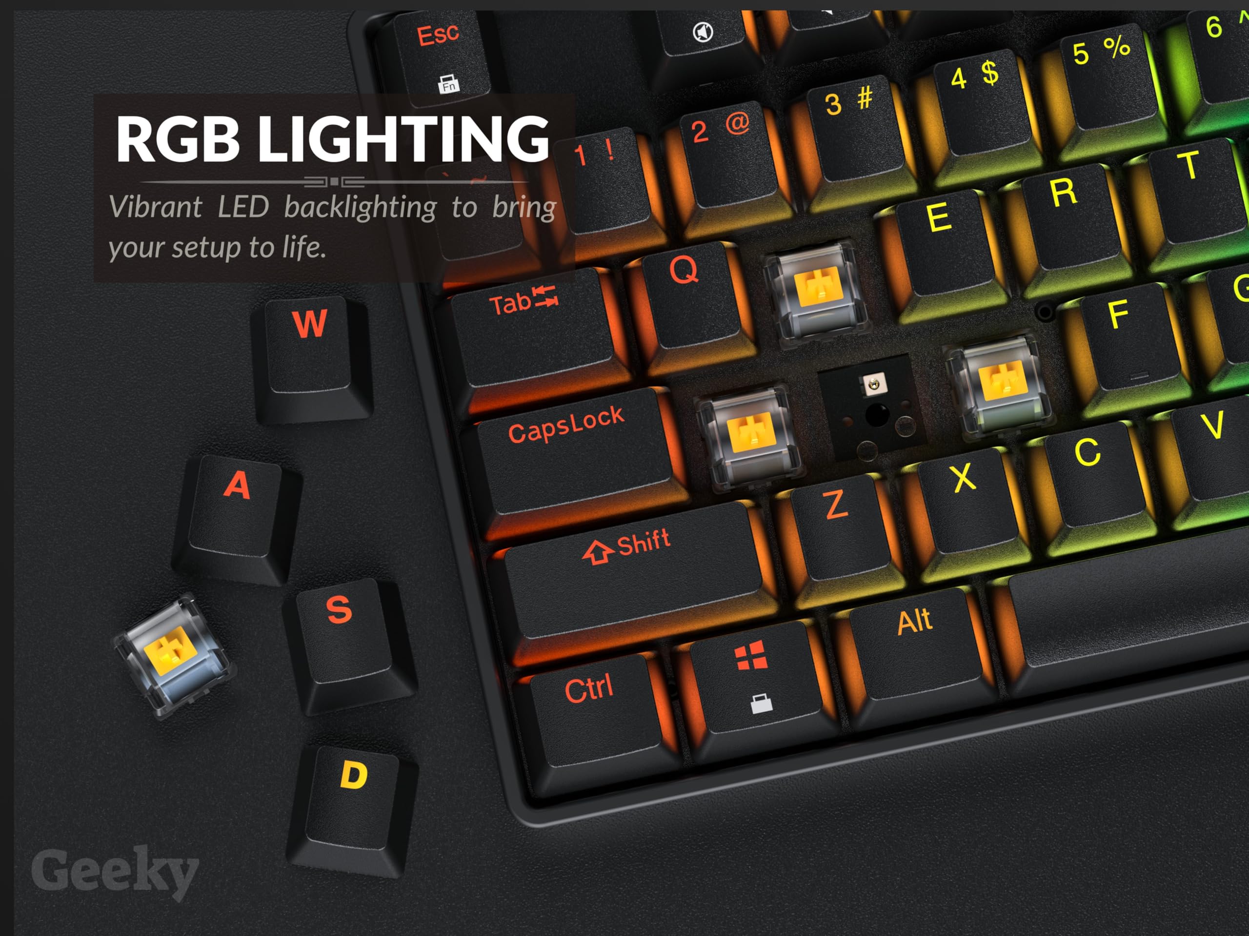Geeky GK80 Tenkeyless, tastiera meccanica da gioco, 87 tasti, retroilluminazione a LED RGB multicolore per PC/Mac Gamer, layout americano ANSI, nero, blu meccanico