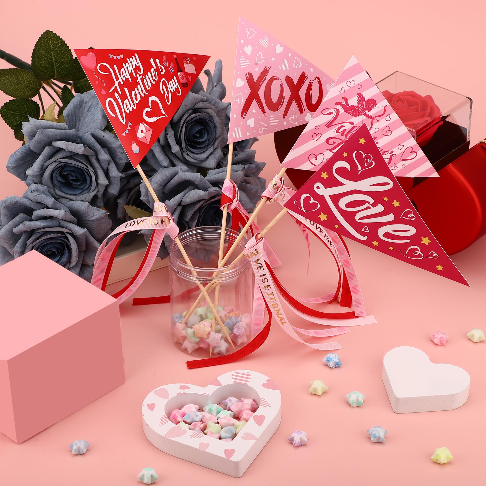 Sinbana 24pcs Happy Valentine's Pennant Flags with Ribbons - Image 3