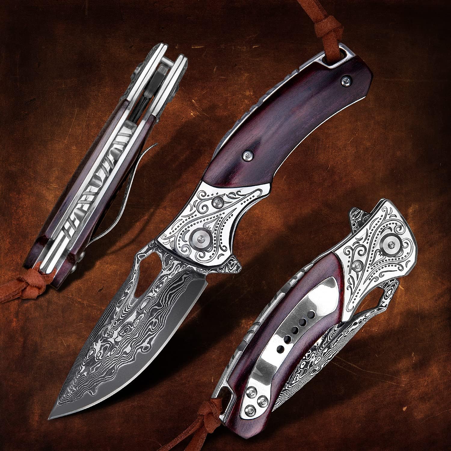 Handmade Damascus Steel Flipper Folding Knife with Pocket Clip, Liner Lock, Tactical Knife for Camping, Hunting, Fishing and EDC